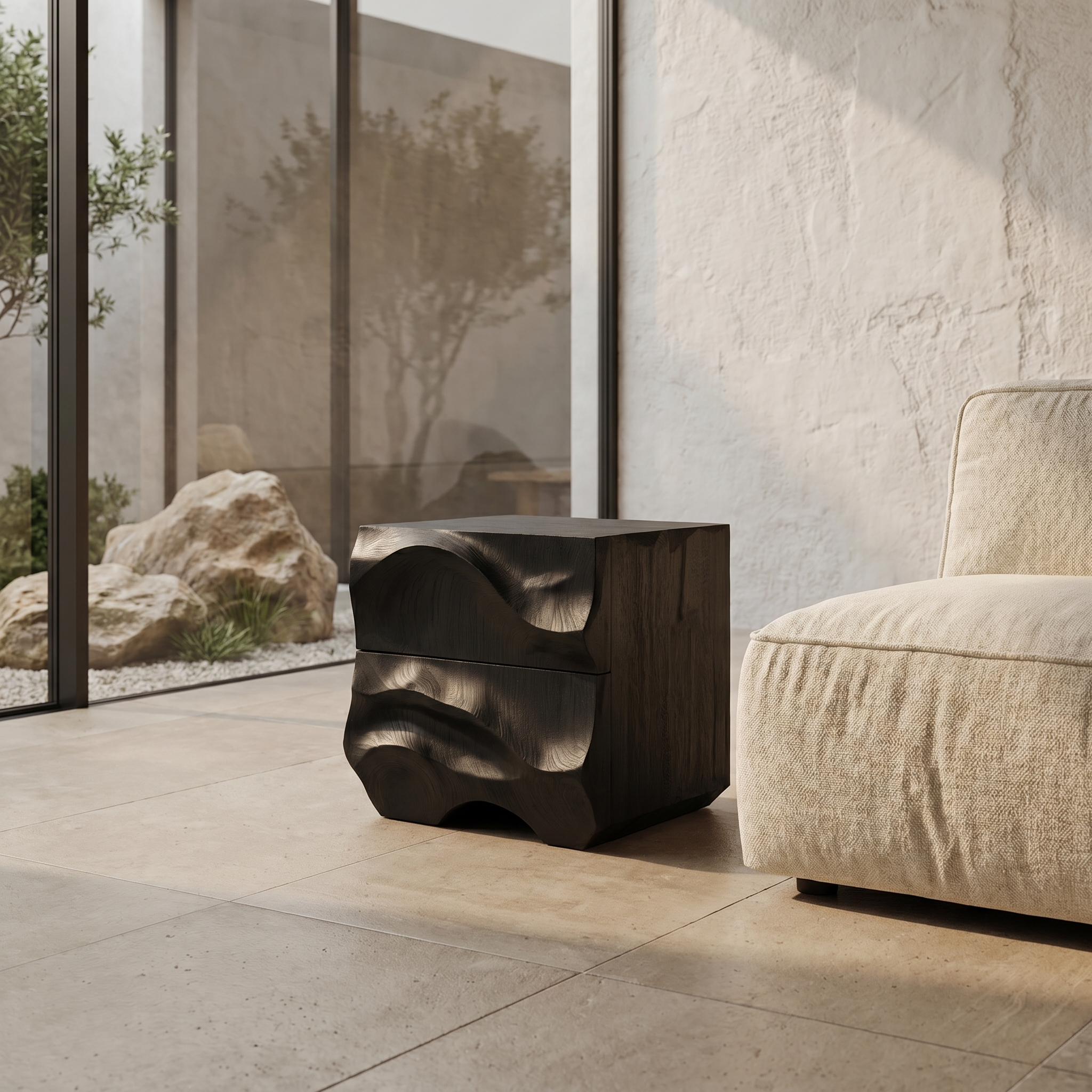 Rustic Sculptural Side Table With Hand Carved Solid Wood Base For Living Room And Bedroom SINLHABT253