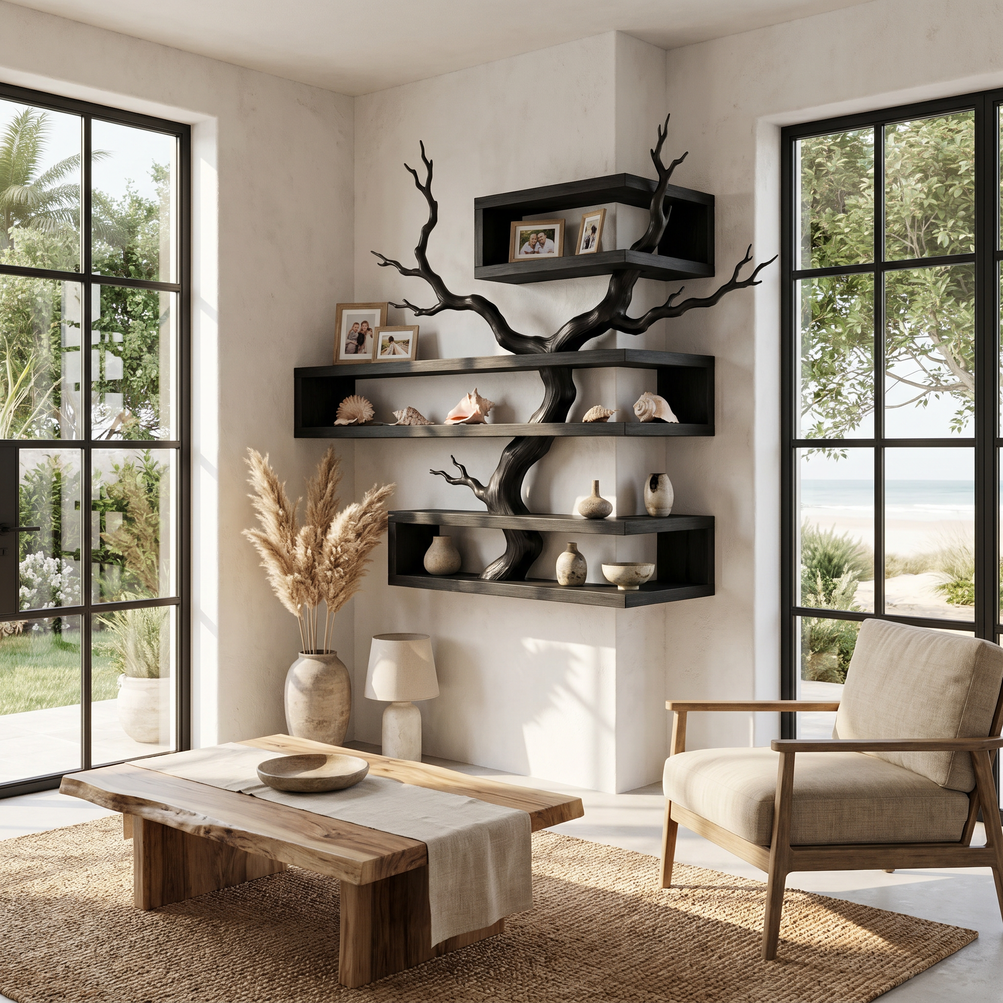 Rustic Corner Floating Shelf With Artistic Branch Shelves For Living Room SINLHAFL560