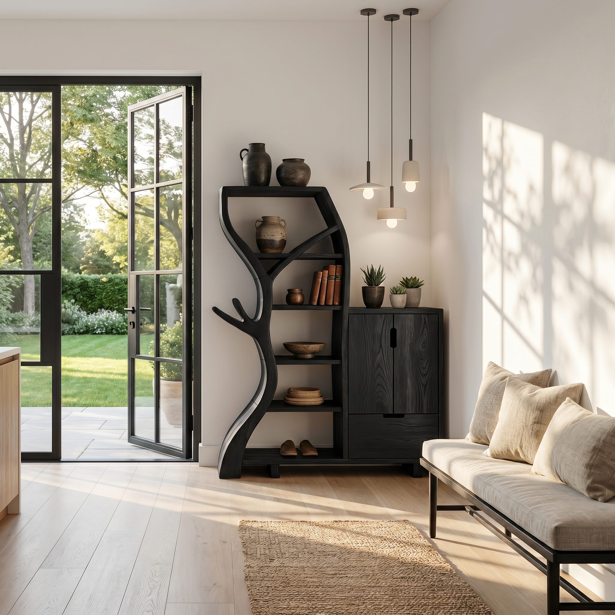 Rustic Storage Cabinet With Tree Bookshelf And Display Shelves For Entryway SINLHASC536