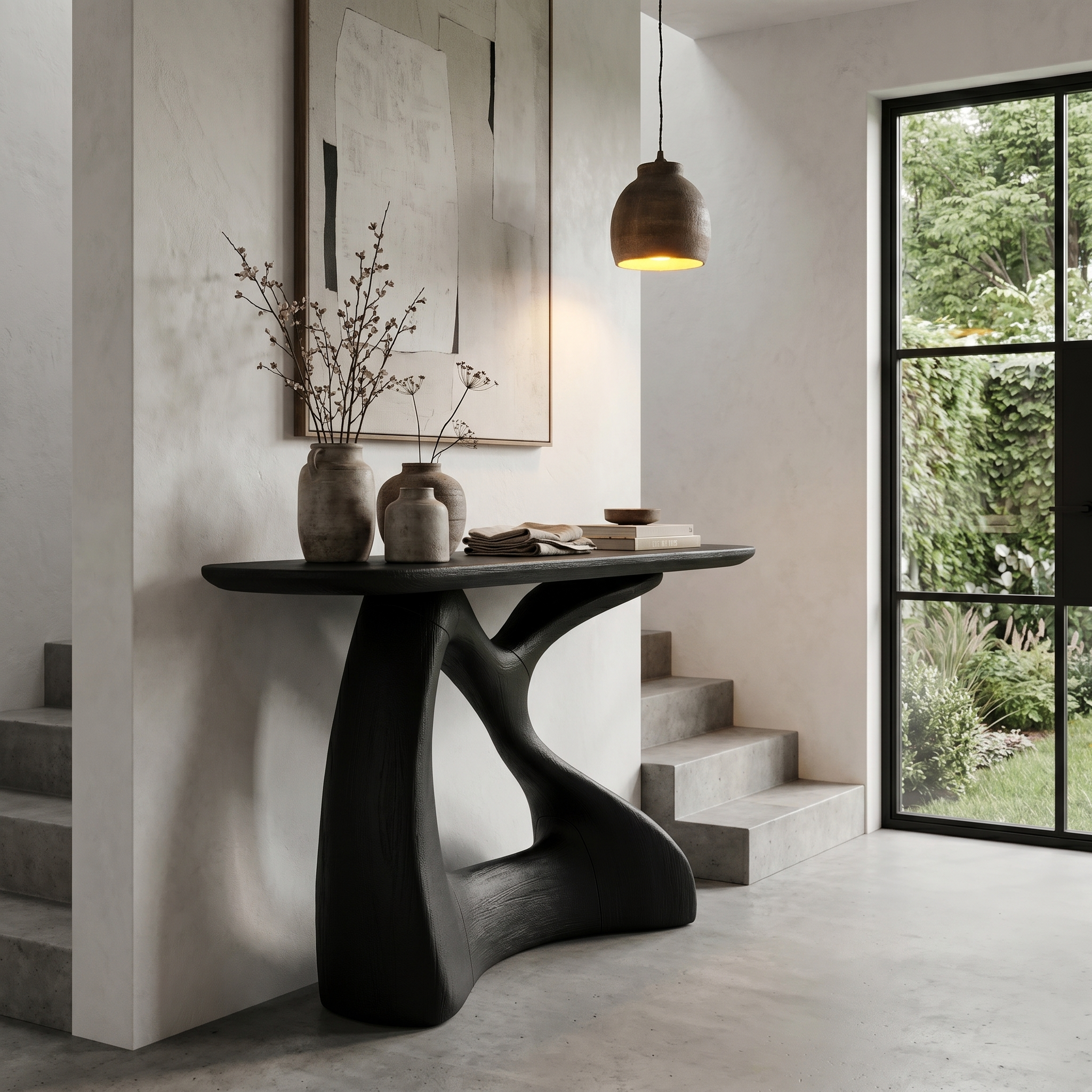 Sculptural Console Table With Twisted Wooden Base For Entryway SINLHACS581