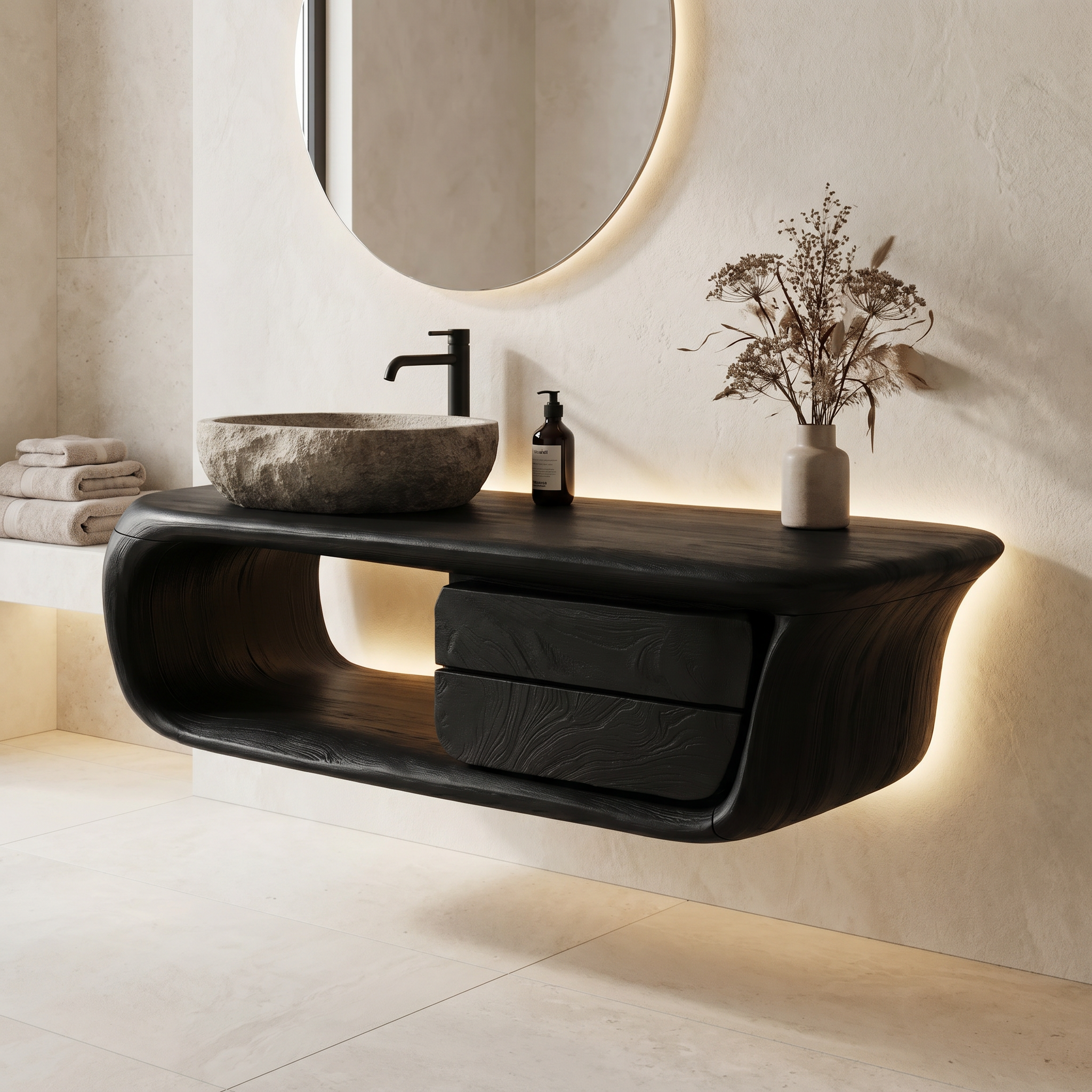 Floating Bathroom Vanity With Curved Wooden Base And Storage Drawer For Modern Bathroom SINLKIBRV304