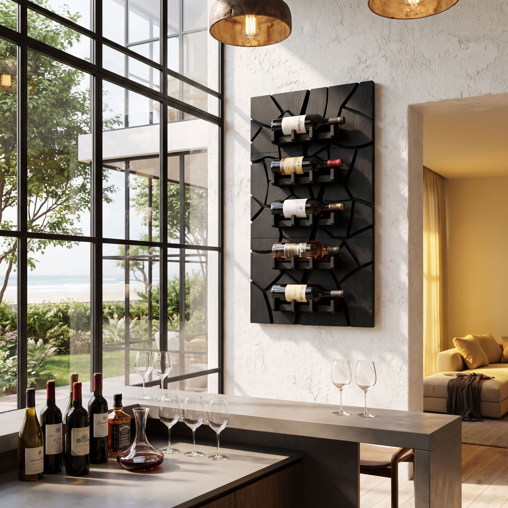 Rustic Wall Mounted Wine Holder With Geometric Bottle Display For Dining Room SINLHAWH046