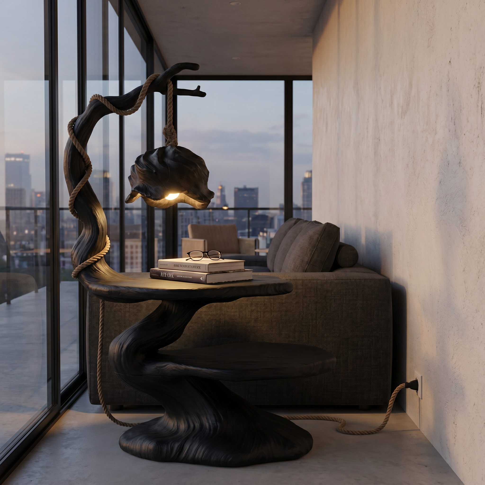 Rustic Beside Table With Tree Root Design And Hanging Lamp For Bedroom SINLHABT264