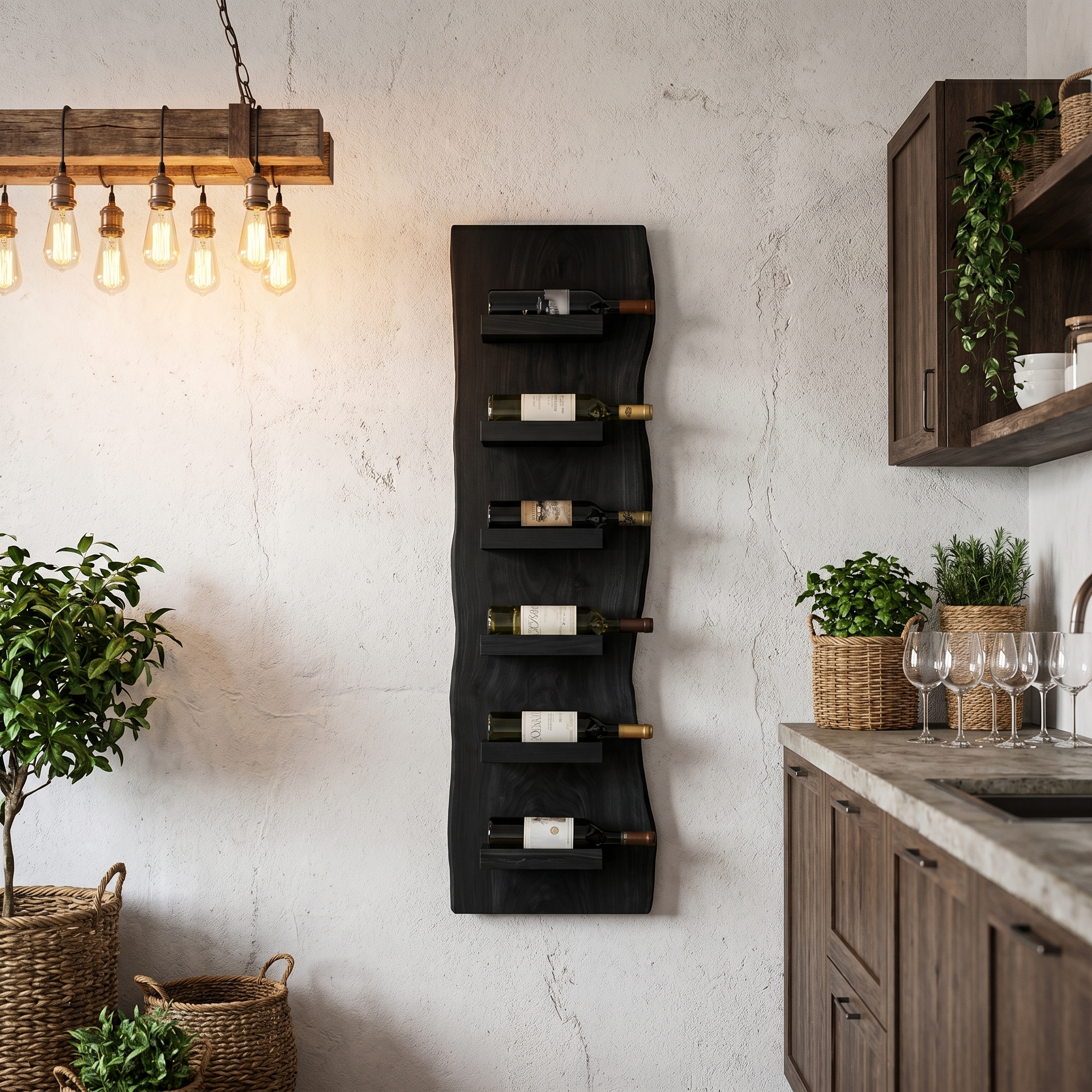 Rustic Wall Mounted Wine Rack With Vertical Wooden Storage Shelves For Kitchen And Dining Room SINLHAWR027