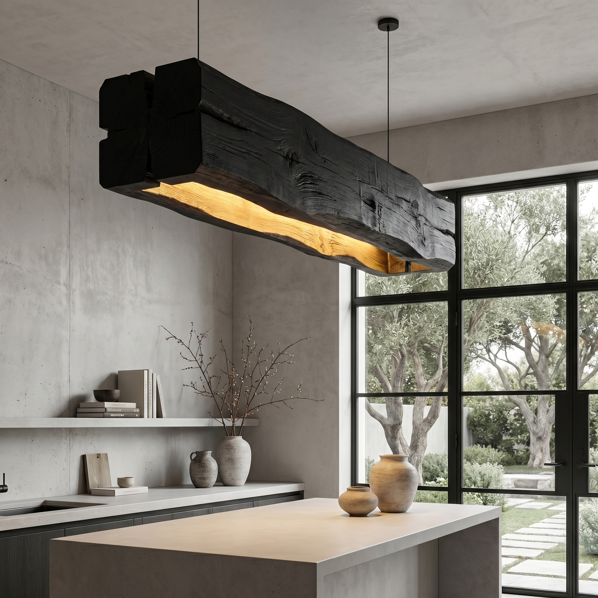 Organic Modern Pendant Light With Sculptural Wood Beam For Living Room And Kitchen SINLHAPL013