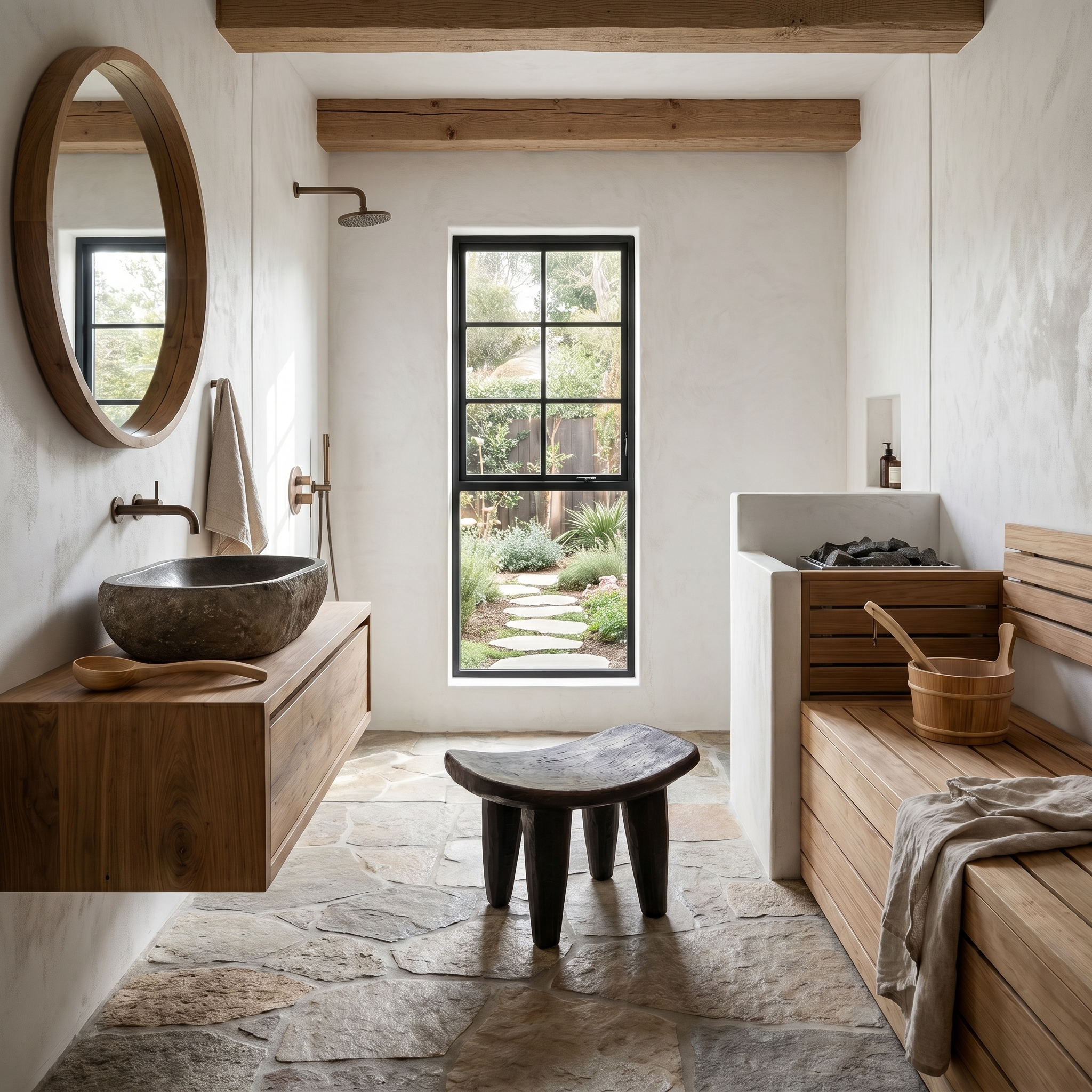 Rustic Wooden Stool With Artistic Solid Wood Form For Bathroom SINLHAWS008