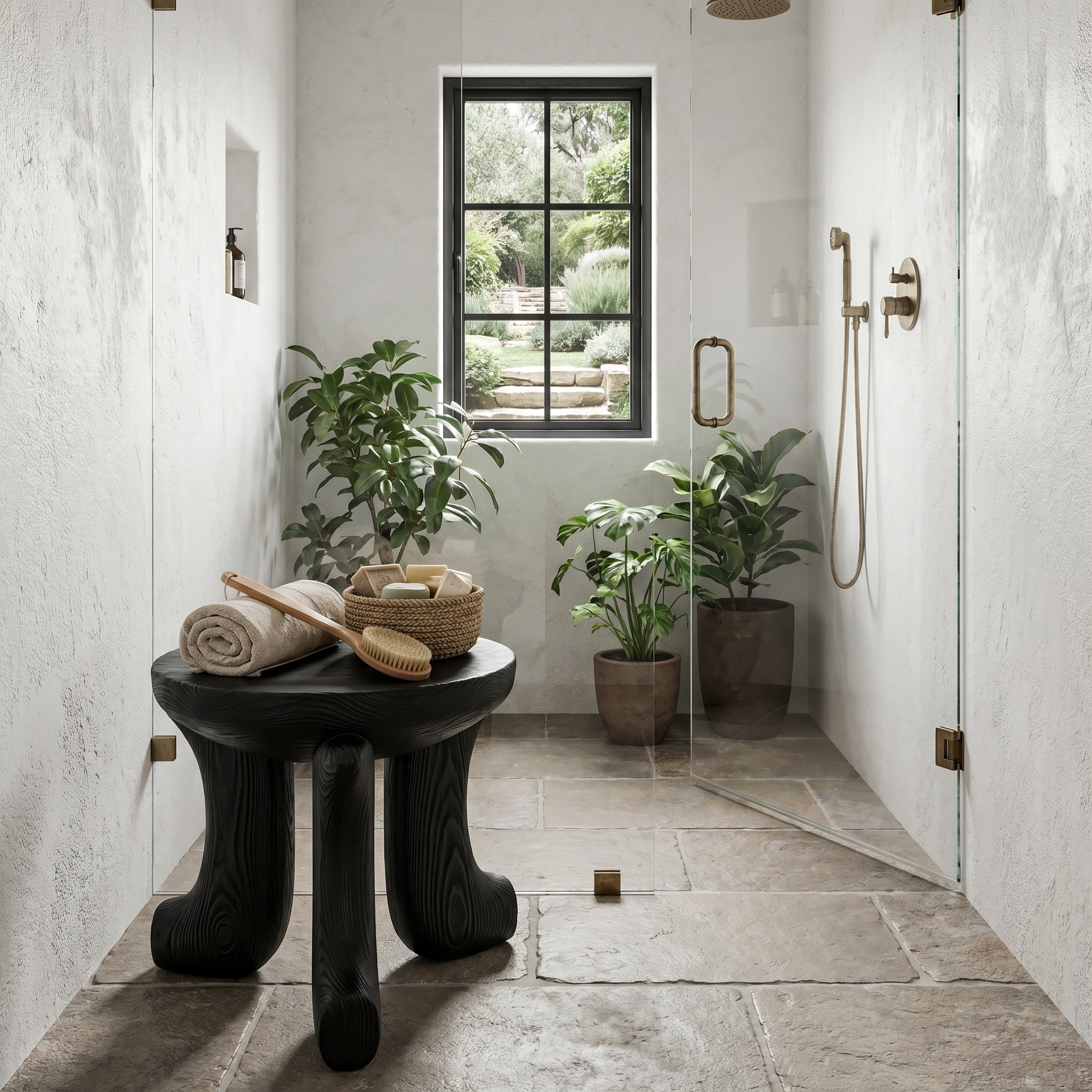 Rustic Bath Stool With Chunky Solid Wood Legs For Bathroom SINLHAWS013