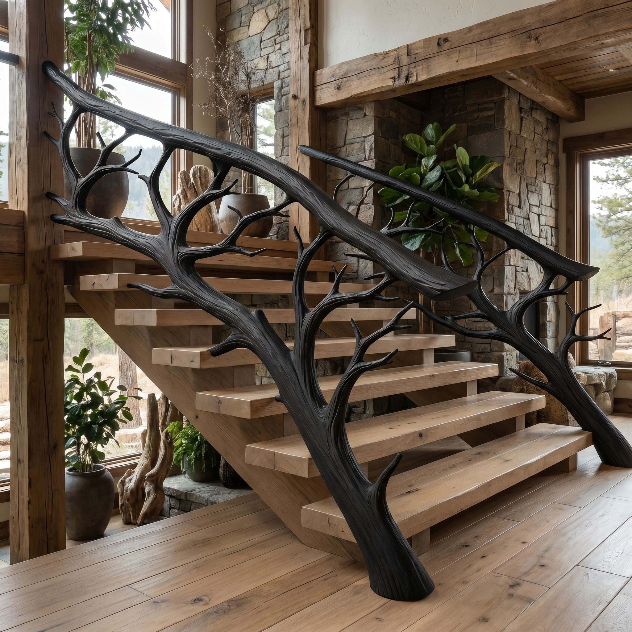 Rustic Tree Branch Stair Railing With Organic Wood Design For Interior Staircase SINLHAST013