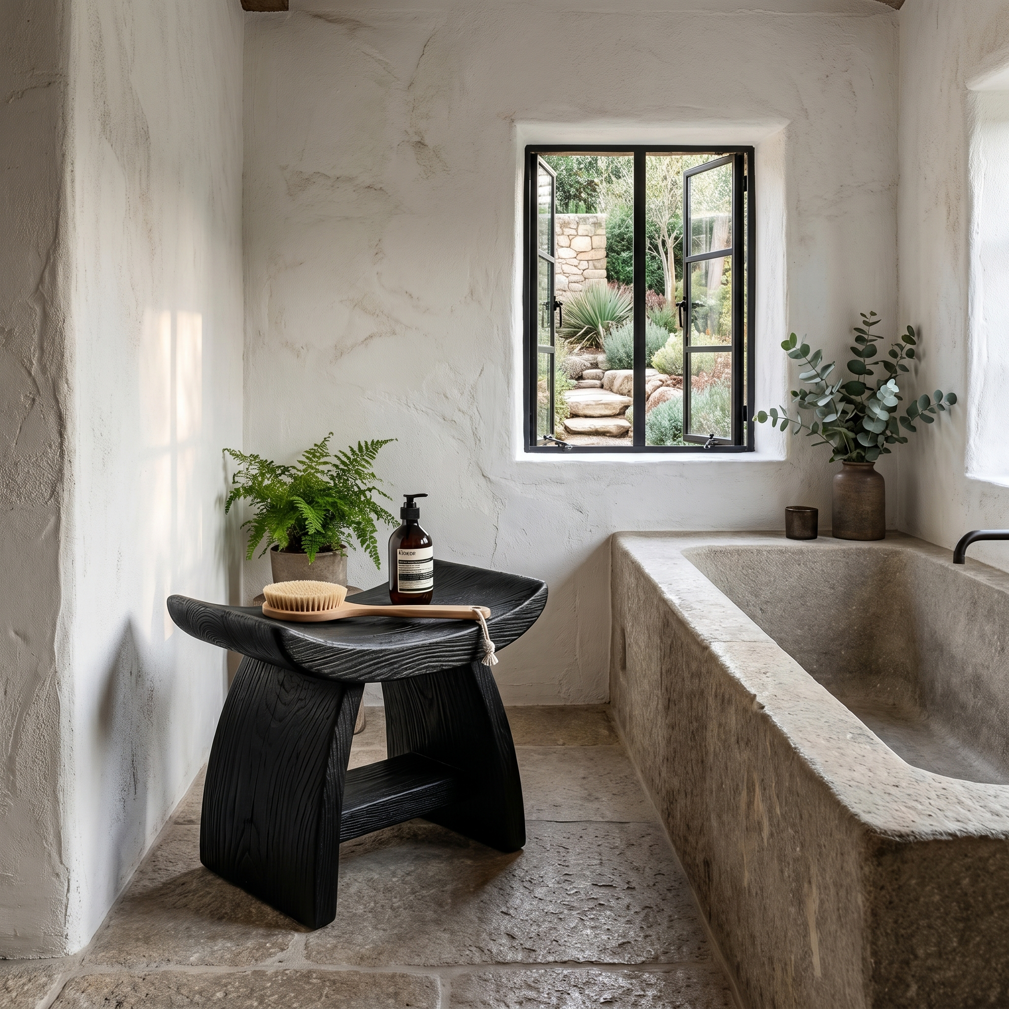 Nature Inspired Bathroom Stool With Sculptural Wood Design For Bathroom SINLHAWS014