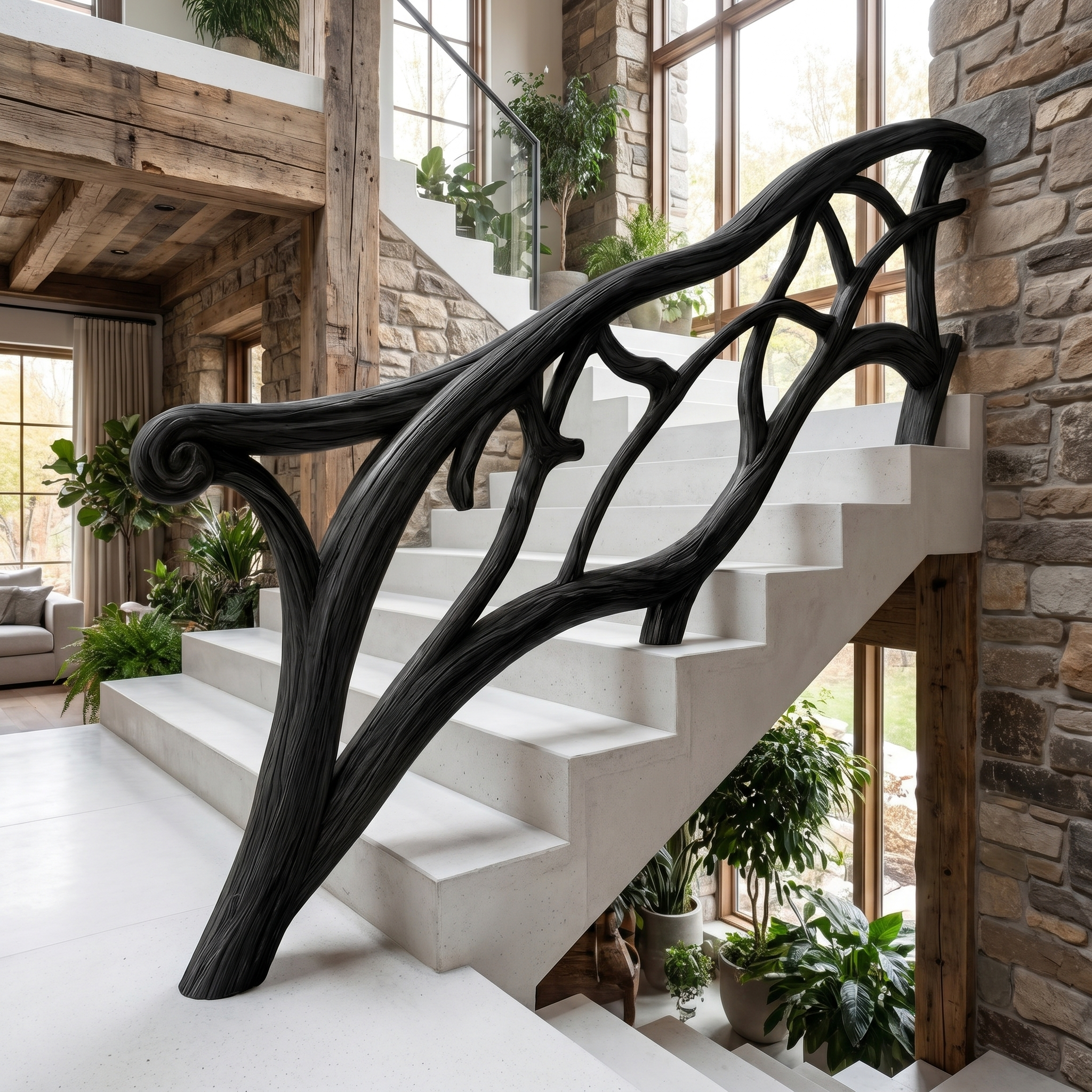 Artistic Tree Branch Stair Railing With Sculptural Wood Design For Interior Staircase SINLHAST014