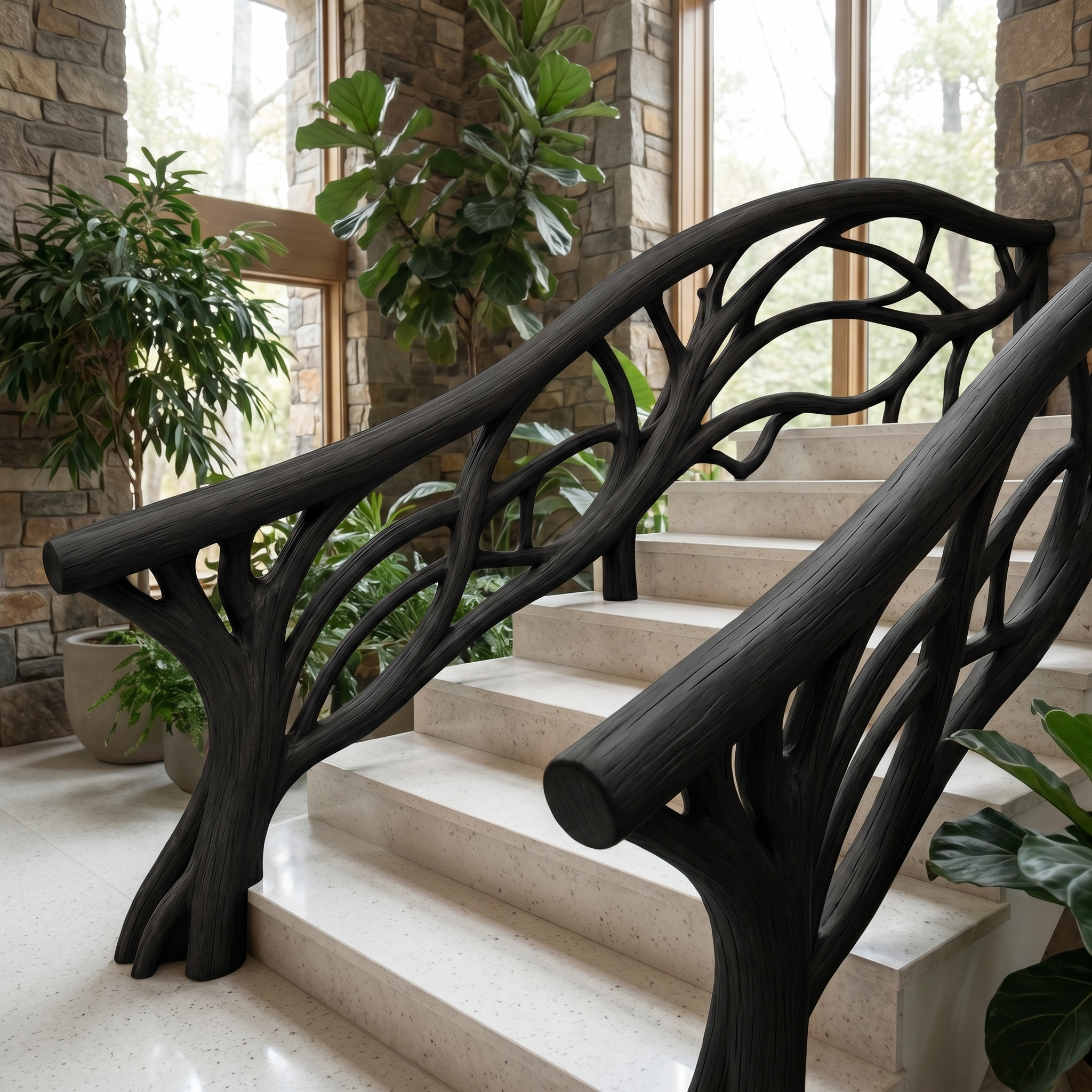 Organic Tree Branch Stair Railing With Natural Wood Design For Interior Staircase SINLHAST015