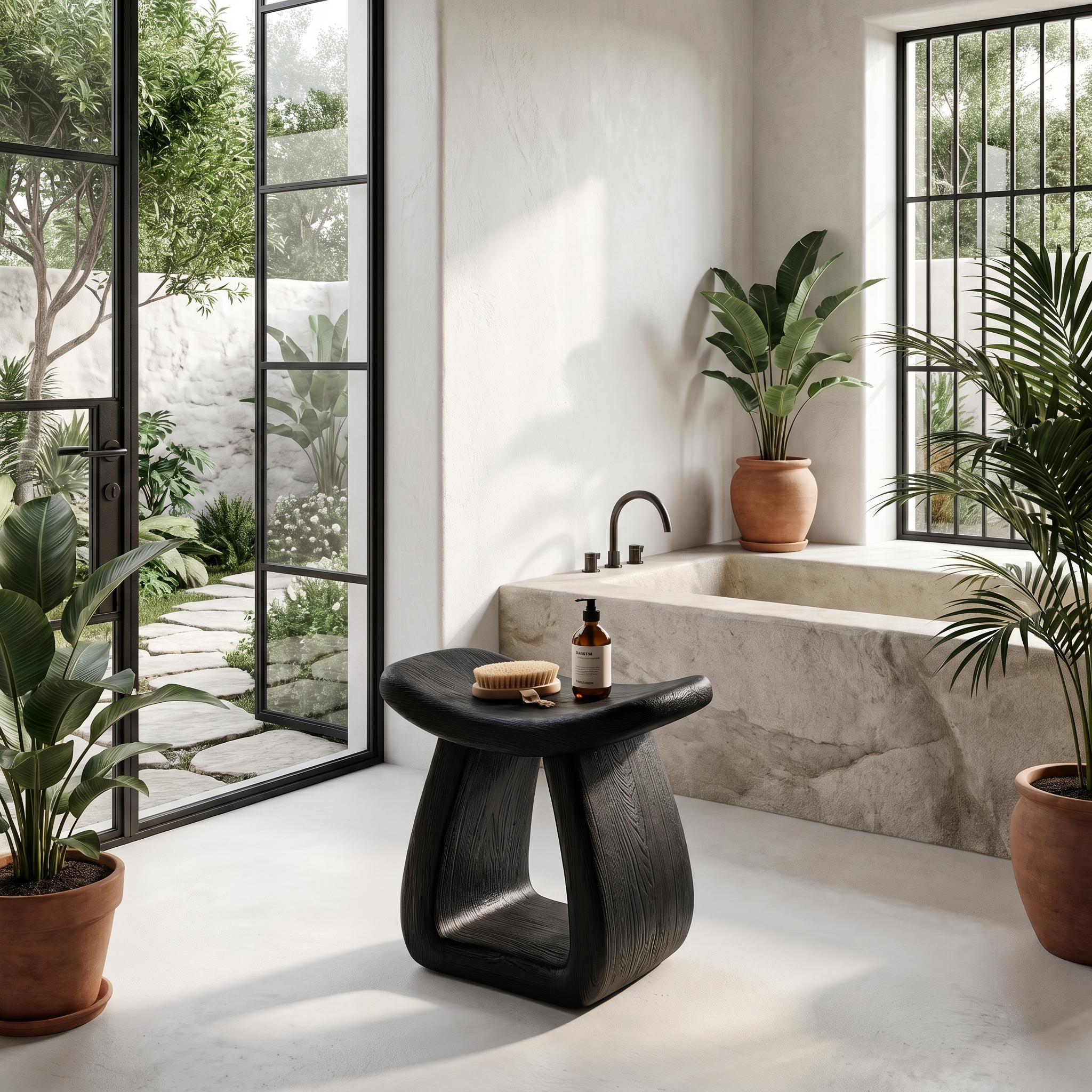 Organic Bath Stool With Handcrafted Pedestal Design For Bathroom SINLHAWS016