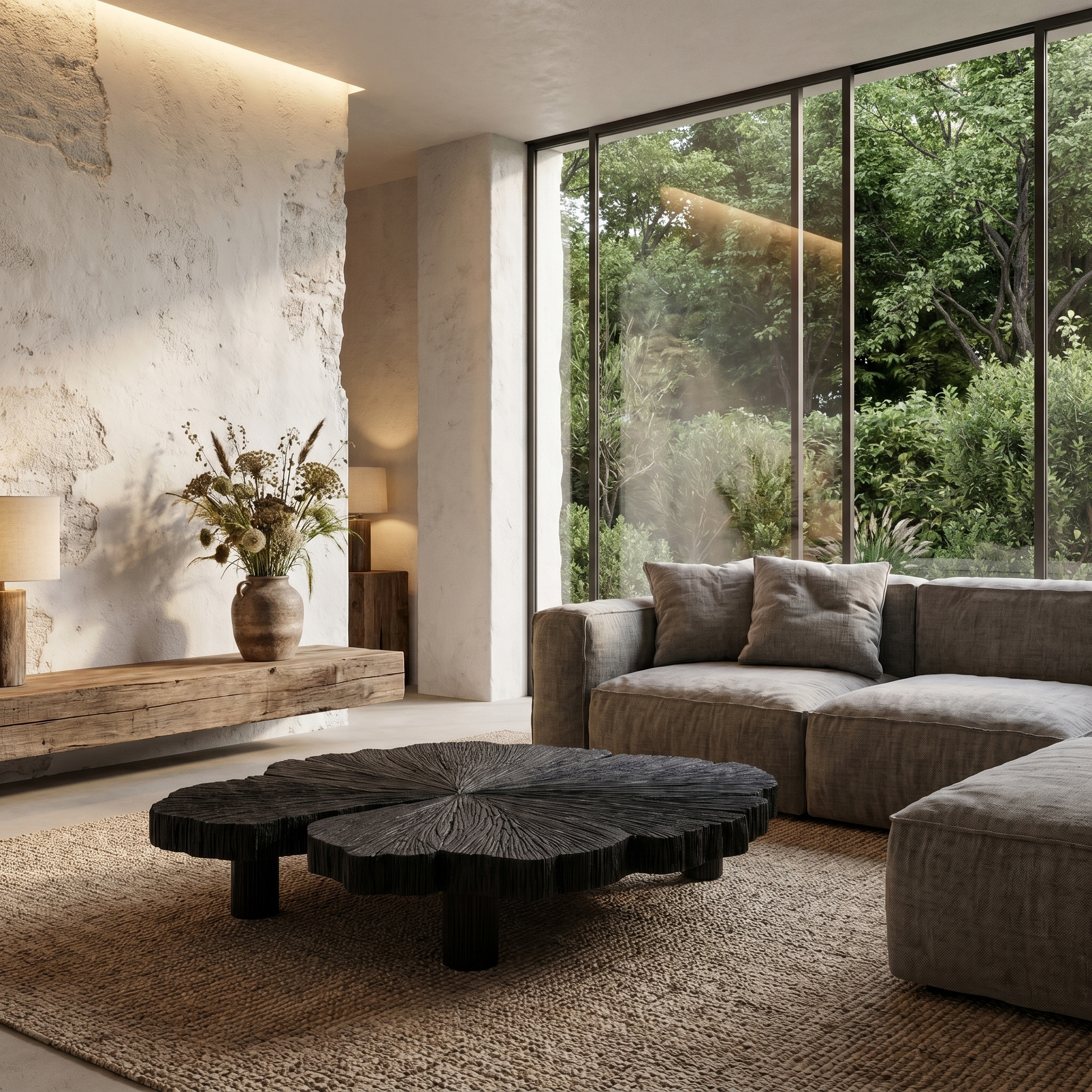 Rustic Coffee Table With Hand Carved Organic Wood Top And Chunky Pedestal Legs For Living Room SINLHACF385