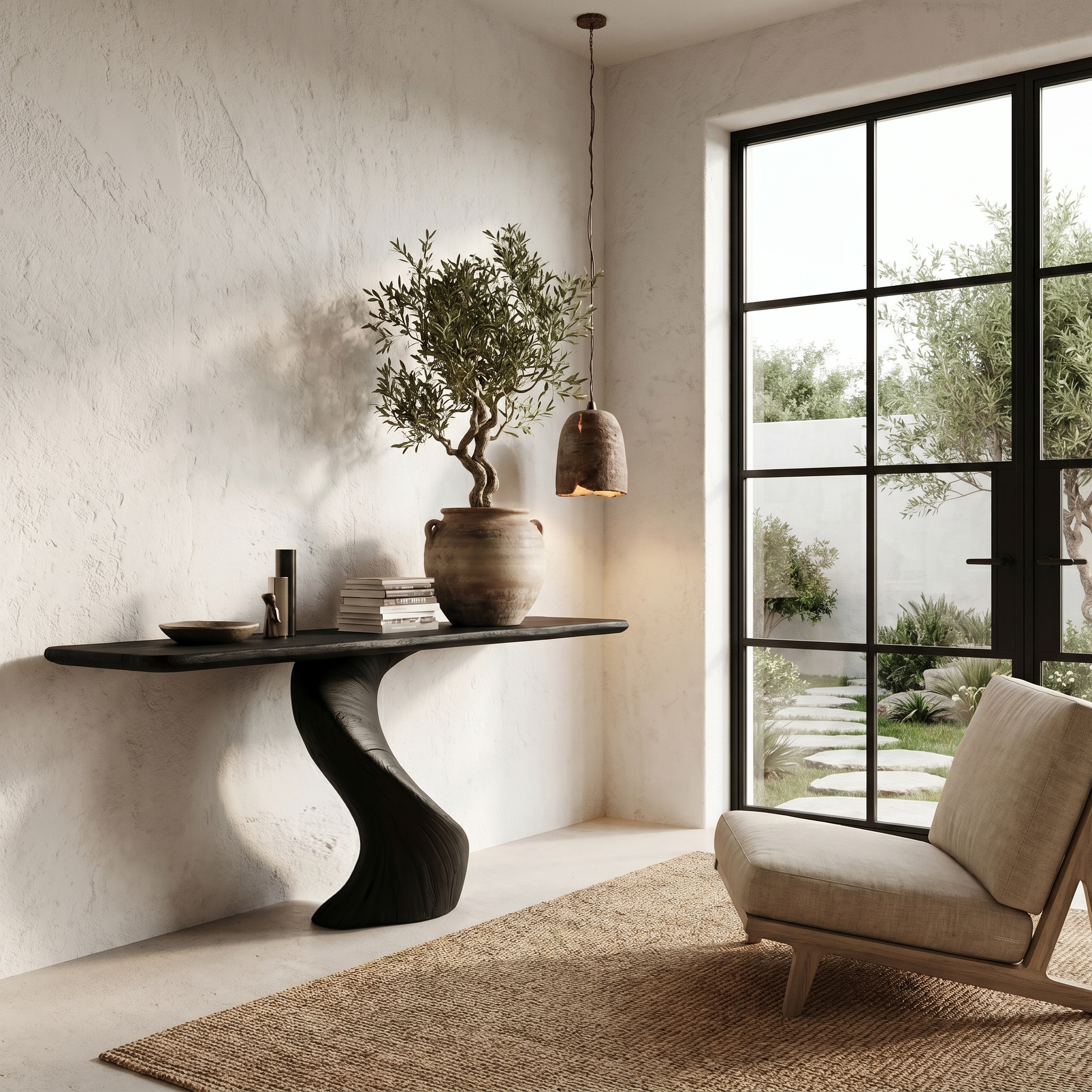 Modern Organic Console Table With Sculptural Twisted Solid Wood Base For Entryway And Living Room SINLHACS605