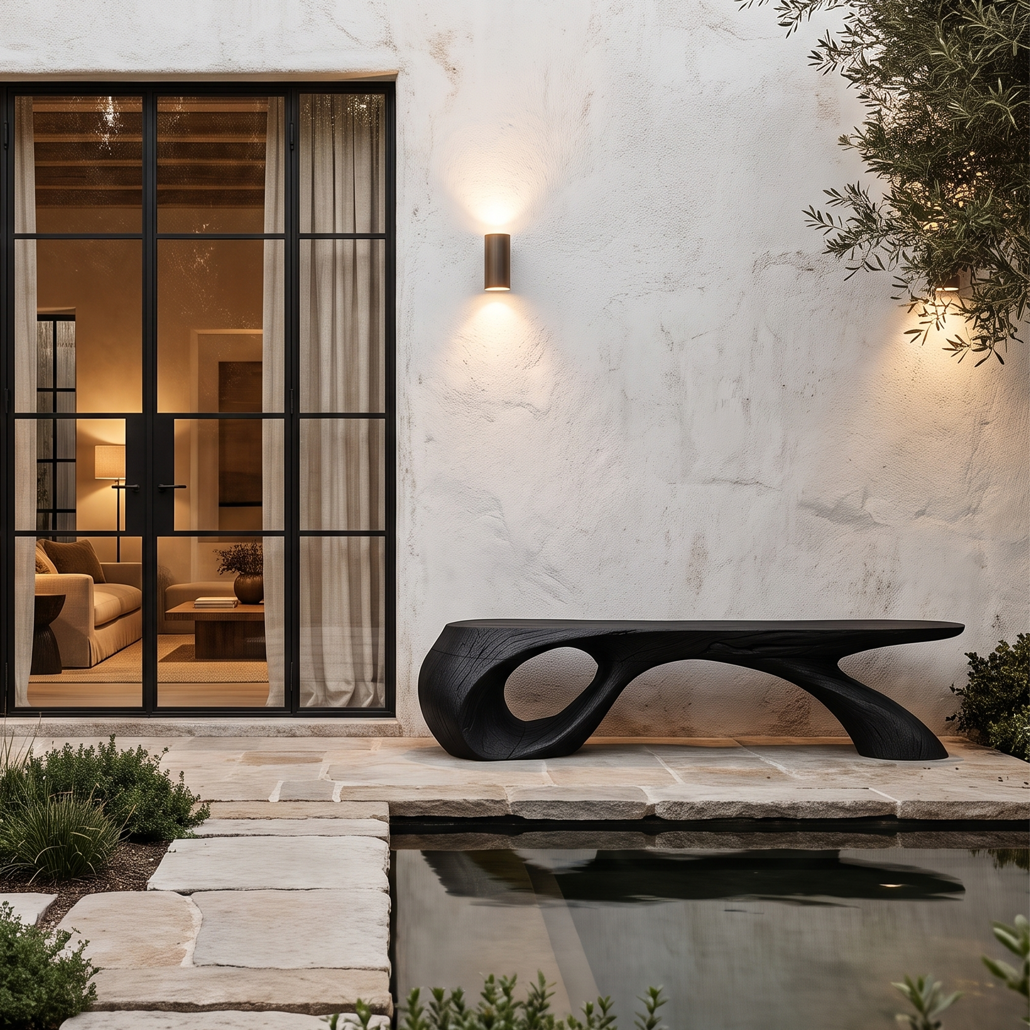 Organic Wood Bench With Sculptural Tree Branch Design For Garden And Patio SINLHABEN135