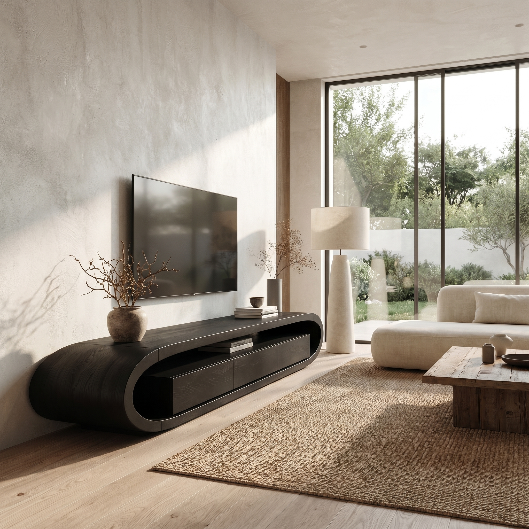 Organic TV Cabinet With Curved Solid Wood Design And Built In Drawer Storage For Living Room SINLHATC047