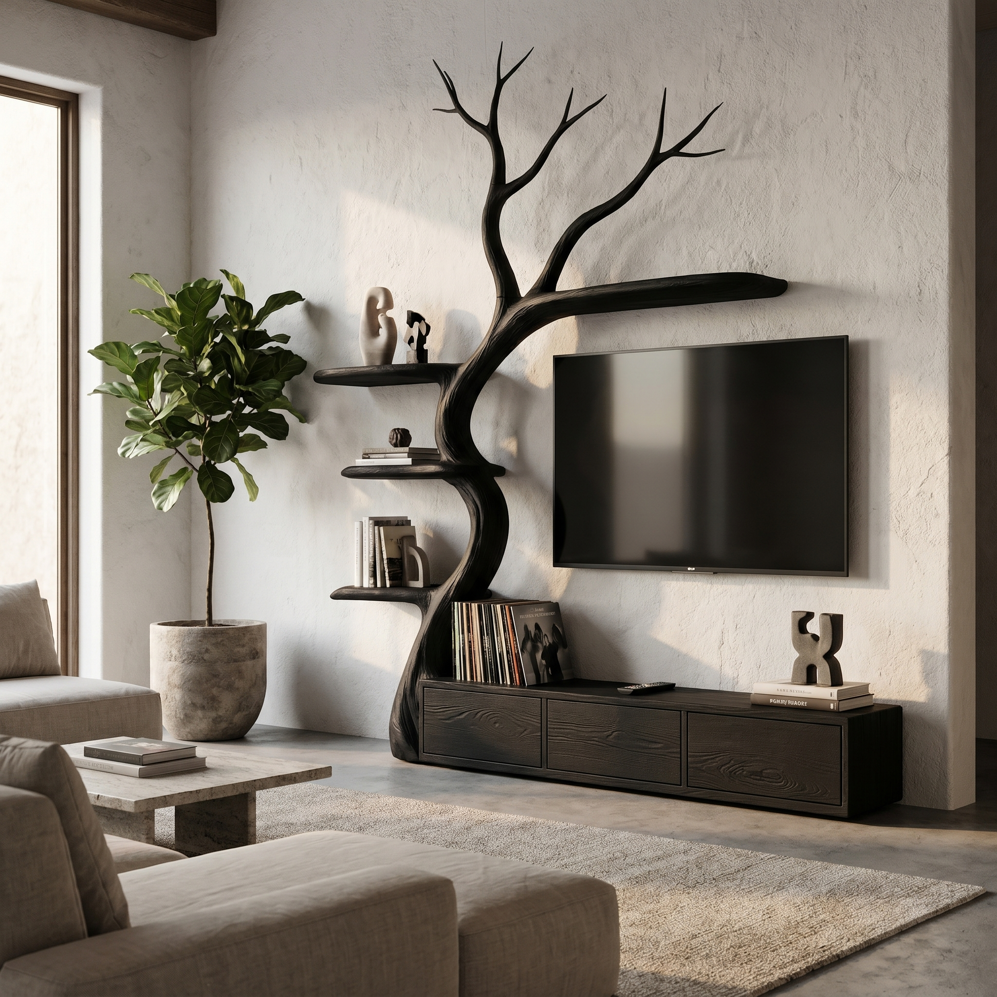 Rustic Tree Branch TV Cabinet With Integrated Display Shelves For Living Room SINLHATC039