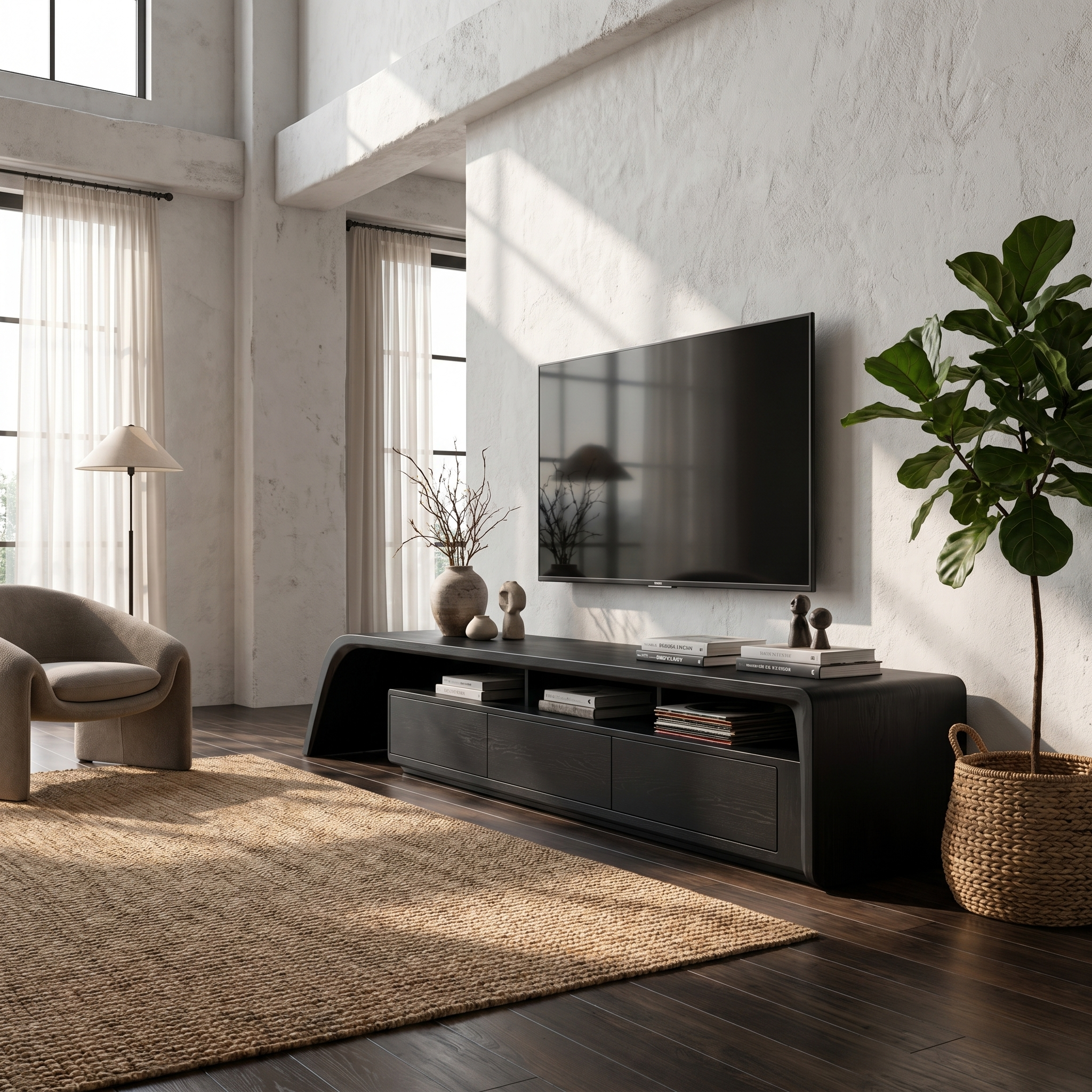 Modern TV Cabinet With Built In Storage And Rounded Curved Edges For Living Room SINLHATC040