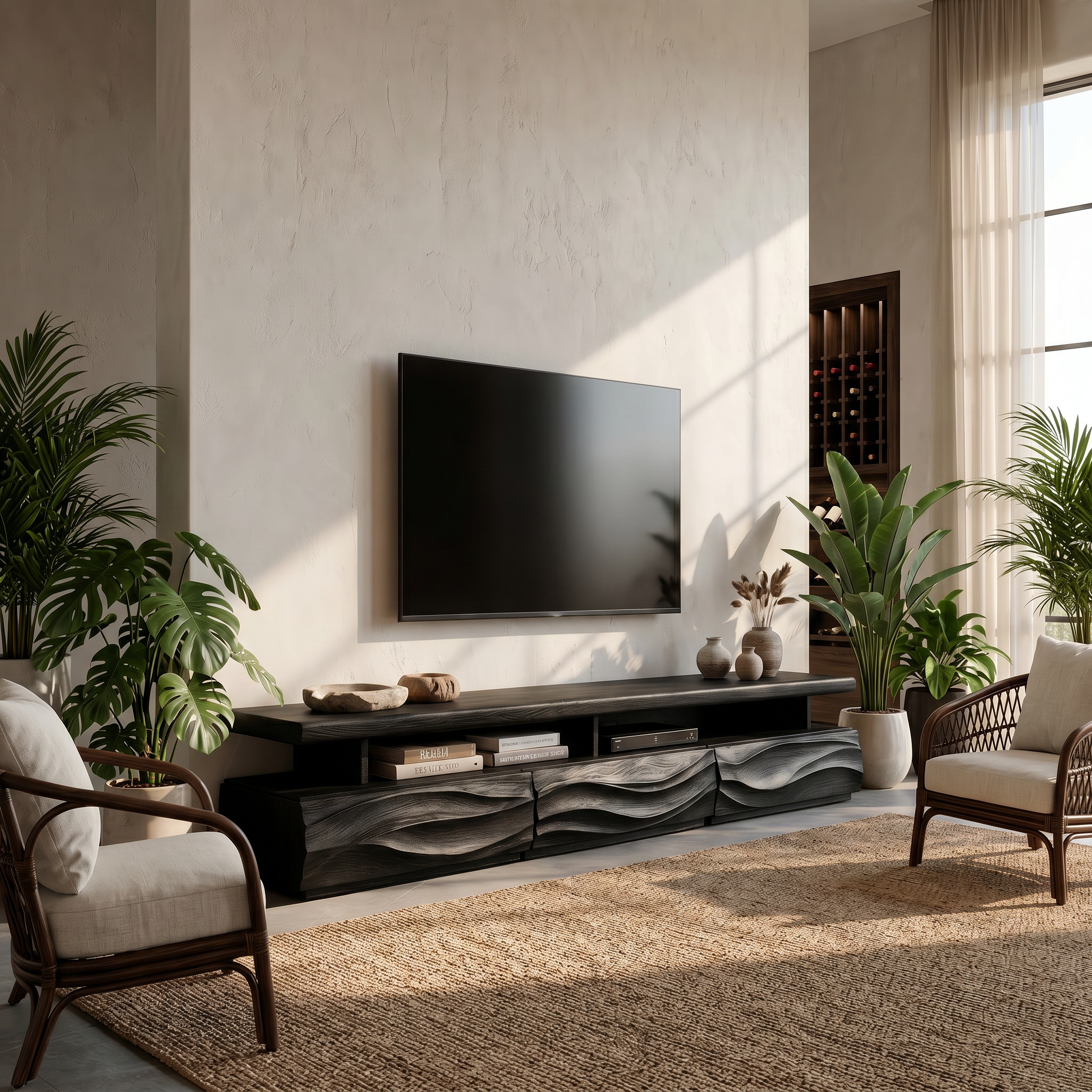 Rustic TV Cabinet With Open Storage Shelf And Wave Front Drawers For Living Room SINLHATC042