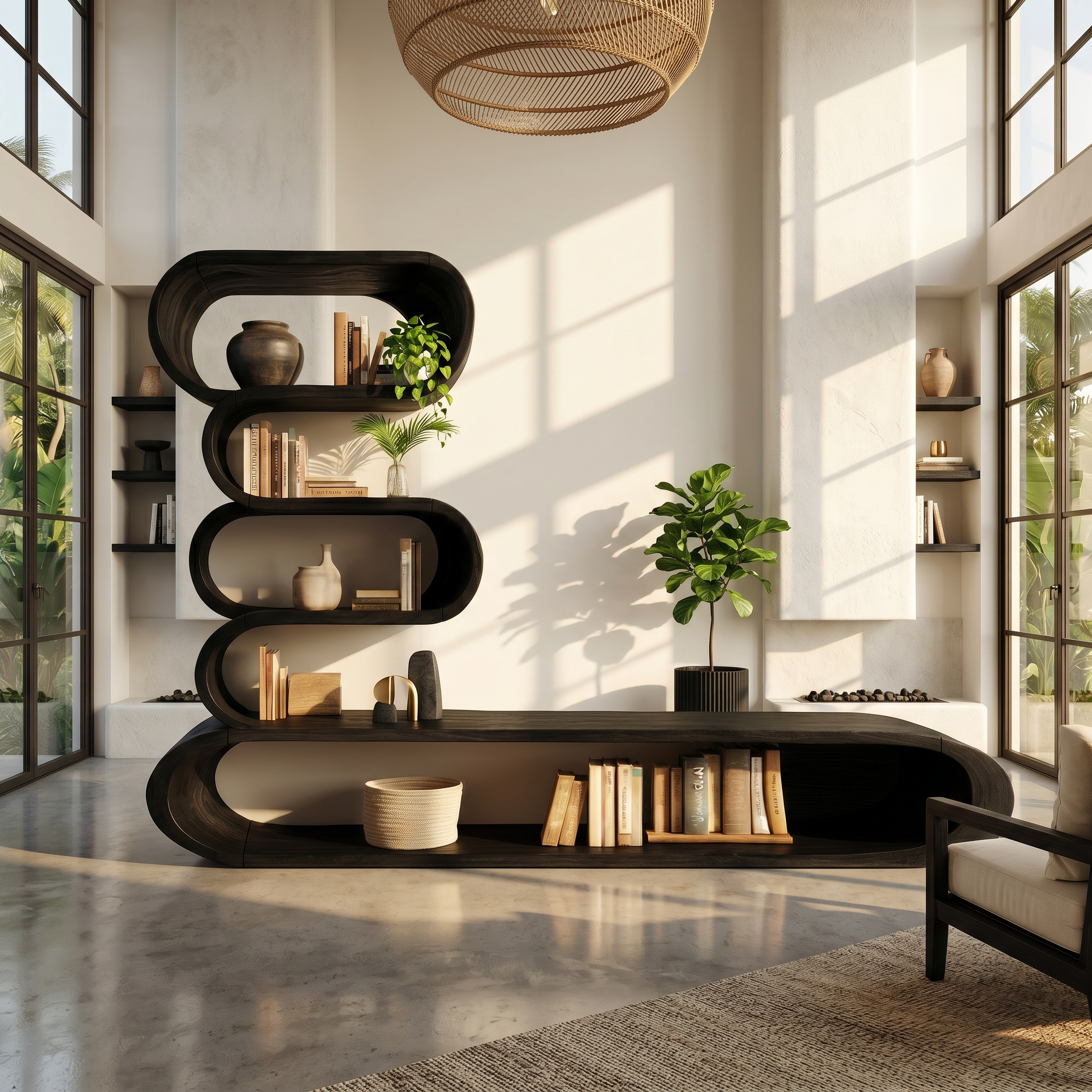 Organic TV Cabinet With Integrated Display Shelves And Rounded Storage Design For Living Room SINLHATC044