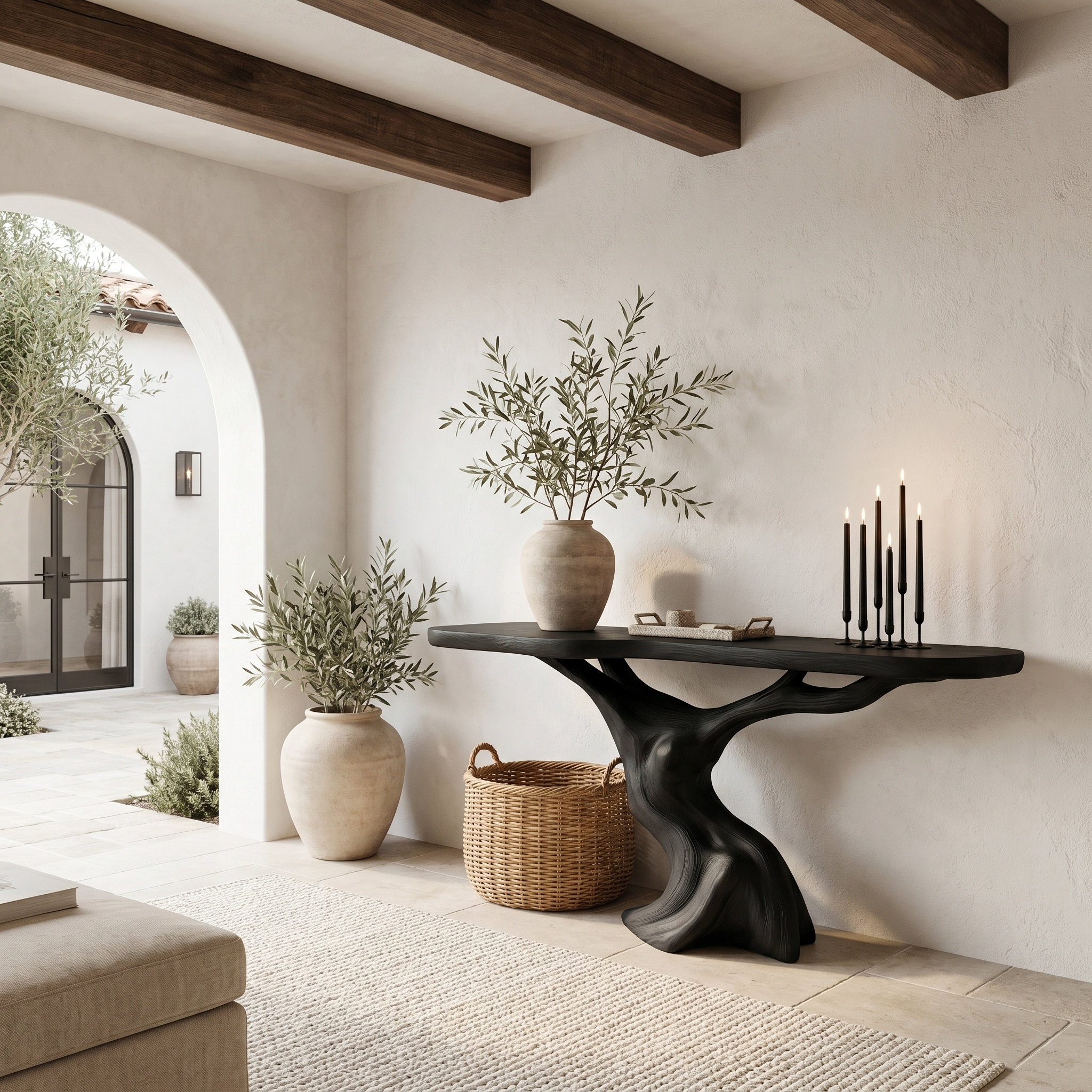 Rustic Organic Console Table With Unique Sculptural Tree Inspired Wood Base For Entryway And Living Room SINLHACS587
