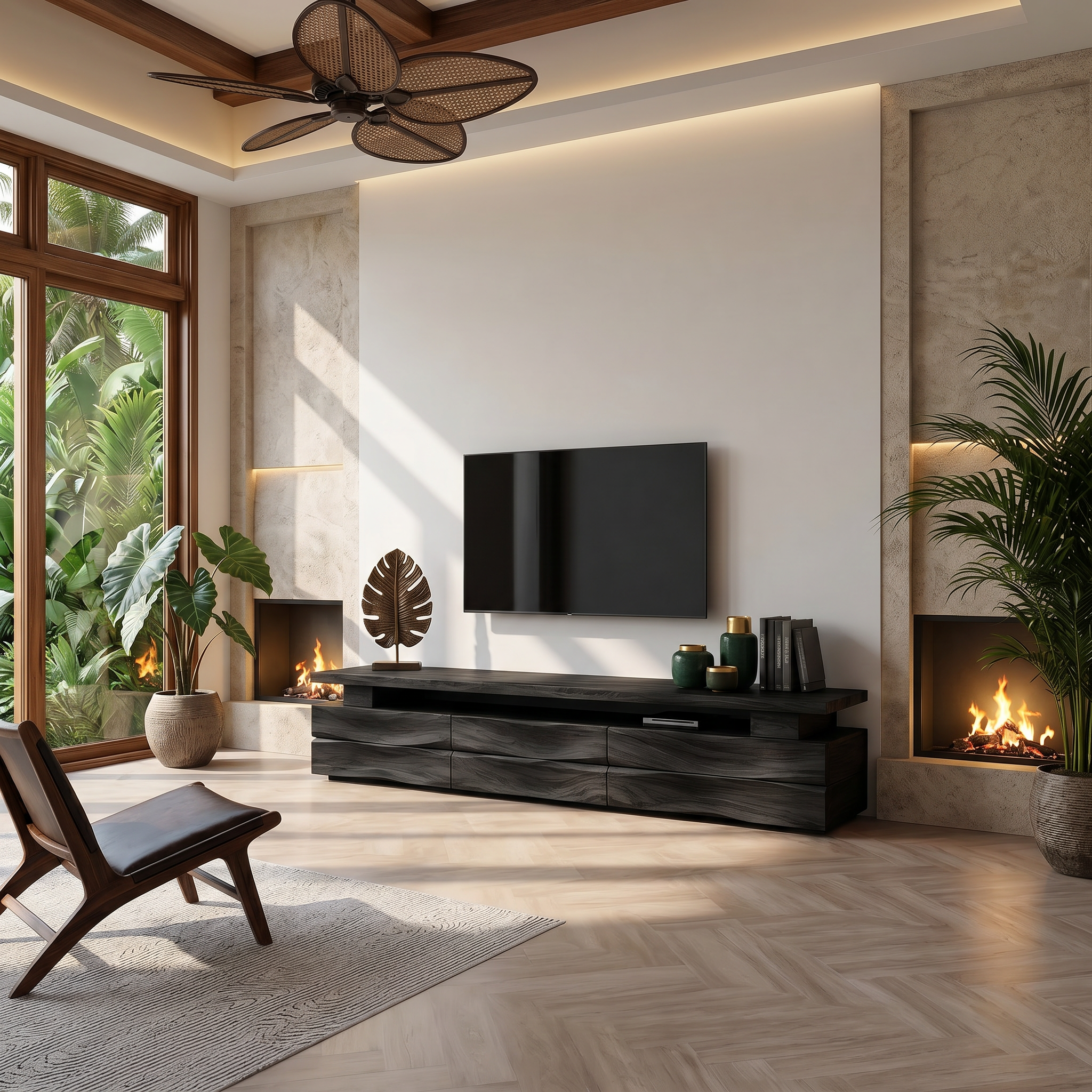 Rustic TV Cabinet With Wave Front Drawers And Open Storage Shelf For Living Room SINLHATC043
