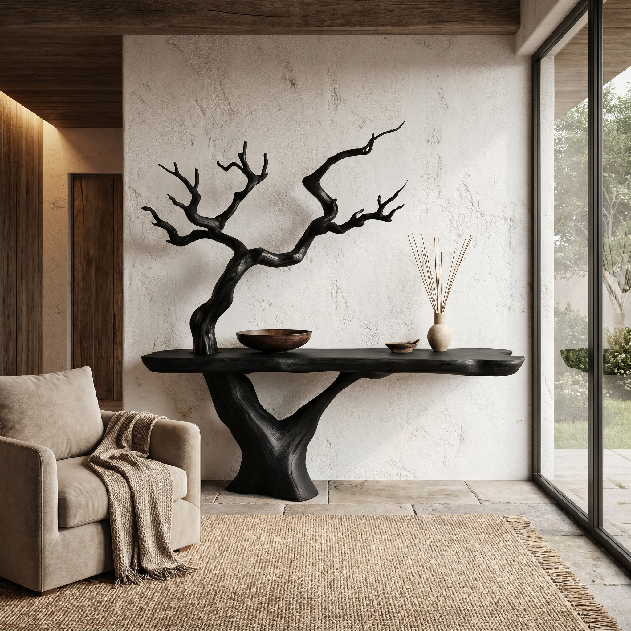 Rustic Console Table With Sculptural Tree Branch Base And Live Edge Wood Top For Entryway And Living Room SINLHACS613