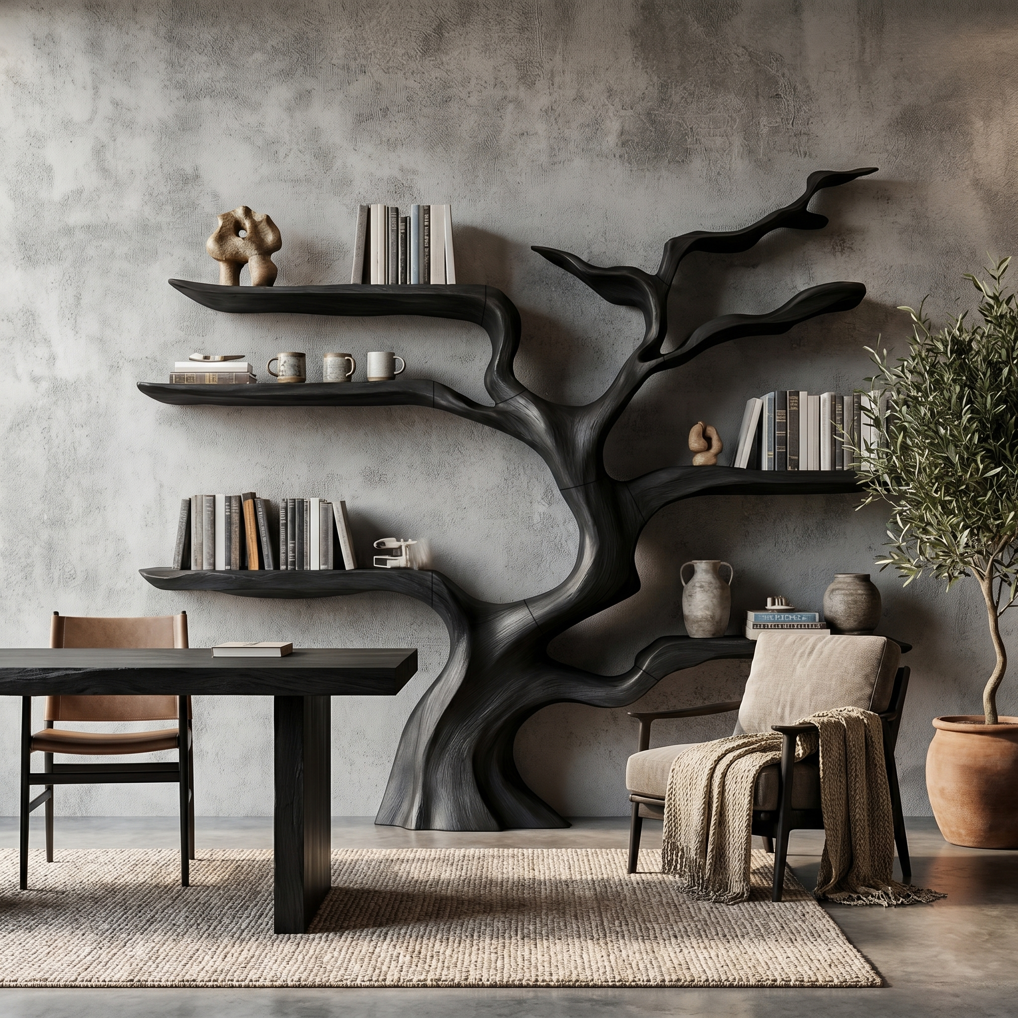 Nature Inspired Tree Bookshelf With Floating Wooden Shelves For Living Room Decor SINLHATB753
