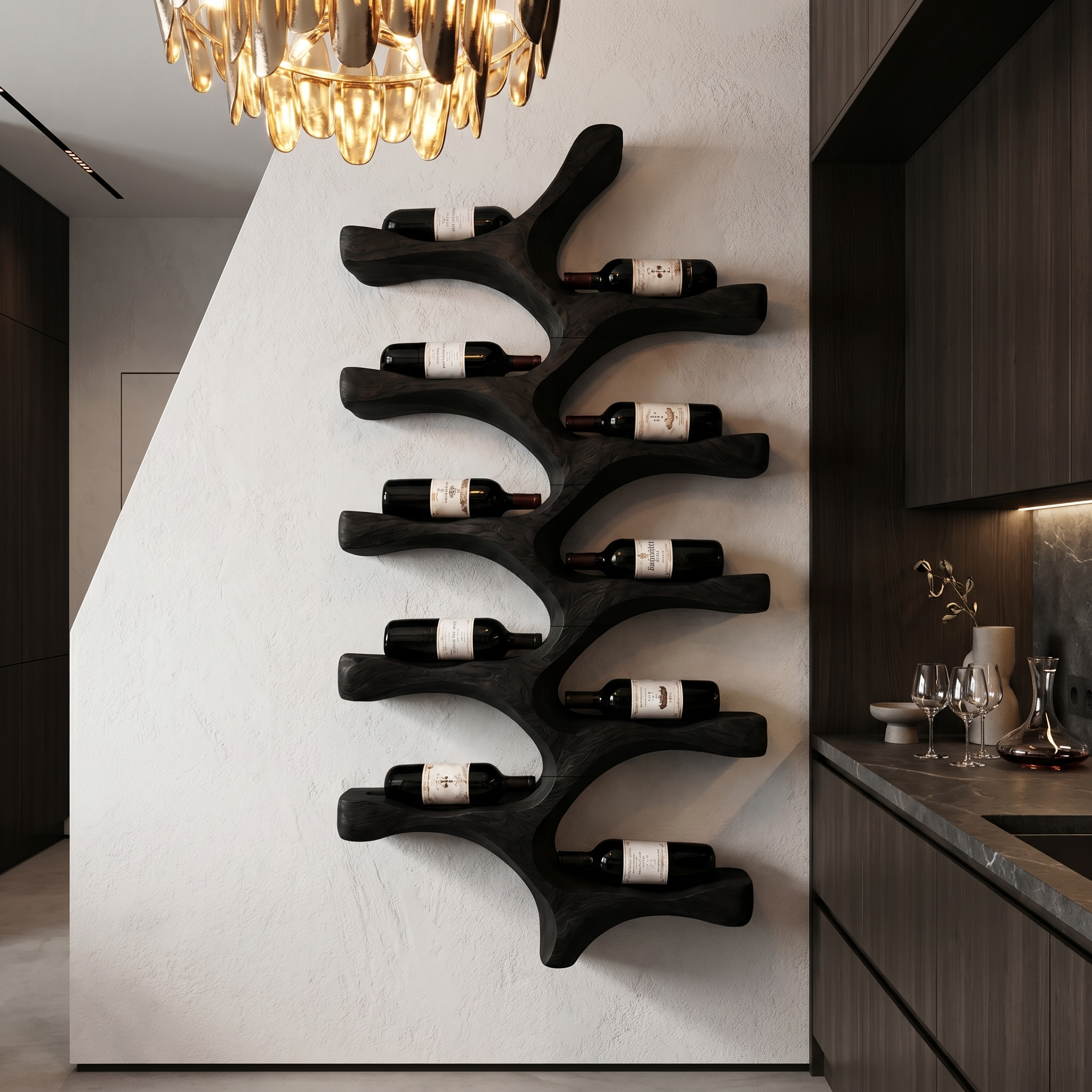 Organic Wall Mounted Wine Rack With Tree Branch Bottle Holders For Kitchen SINLHAWR028