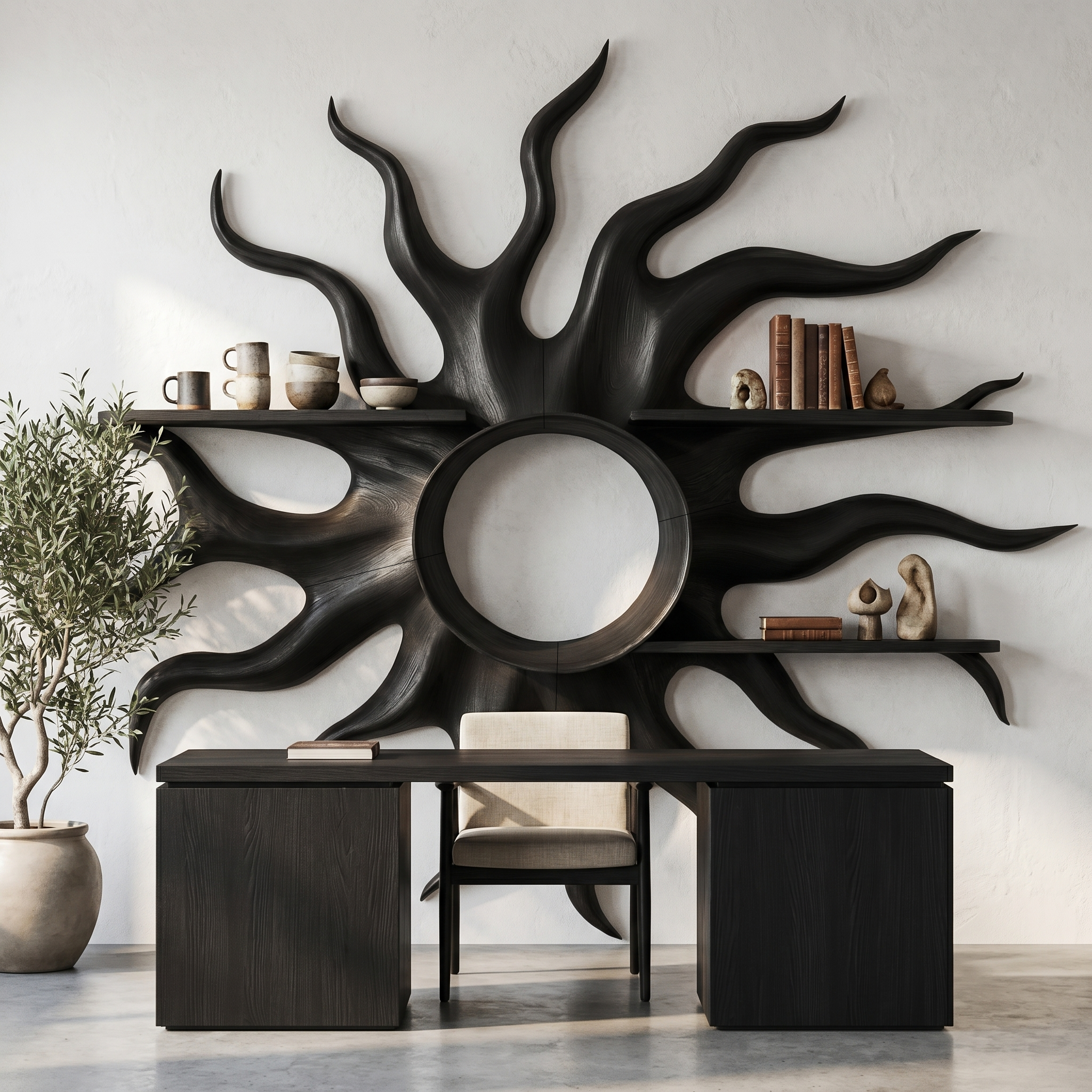 Sculptural Sun Wall Shelf With Floating Shelf For Home Decor SINLHAFL547