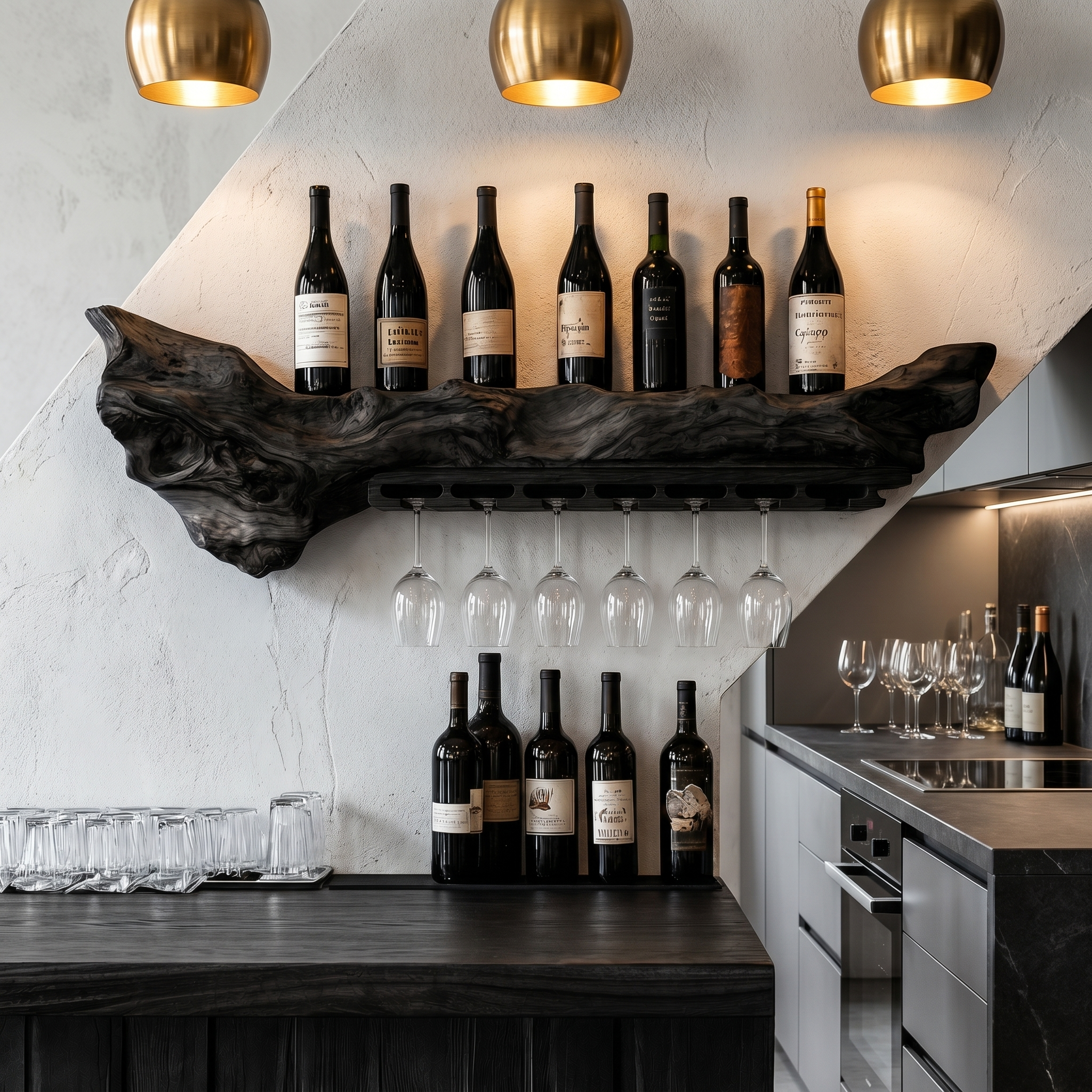 Rustic Live Edge Wall Mounted Wine Rack With Glass Holder And Bottle Storage For Kitchen And Dining Room SINLHAWR030