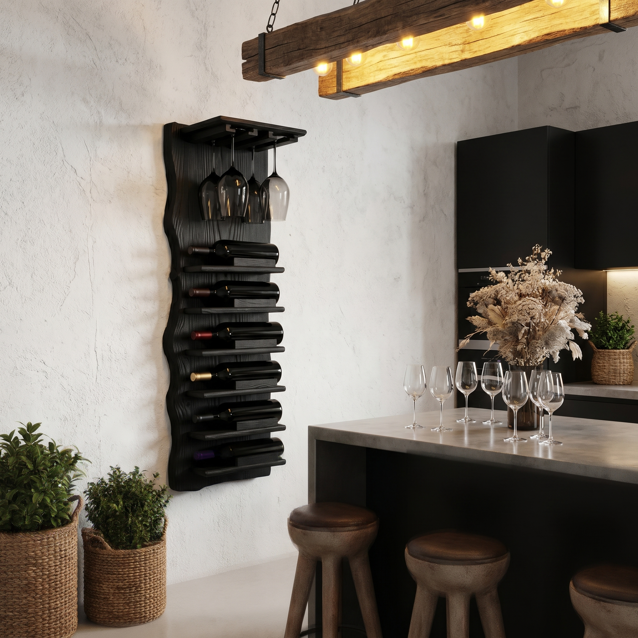 Live Edge Wall Mounted Wine Rack With Glass Holder And Vertical Bottle Storage For Kitchen And Dining Room SINLHAWR032