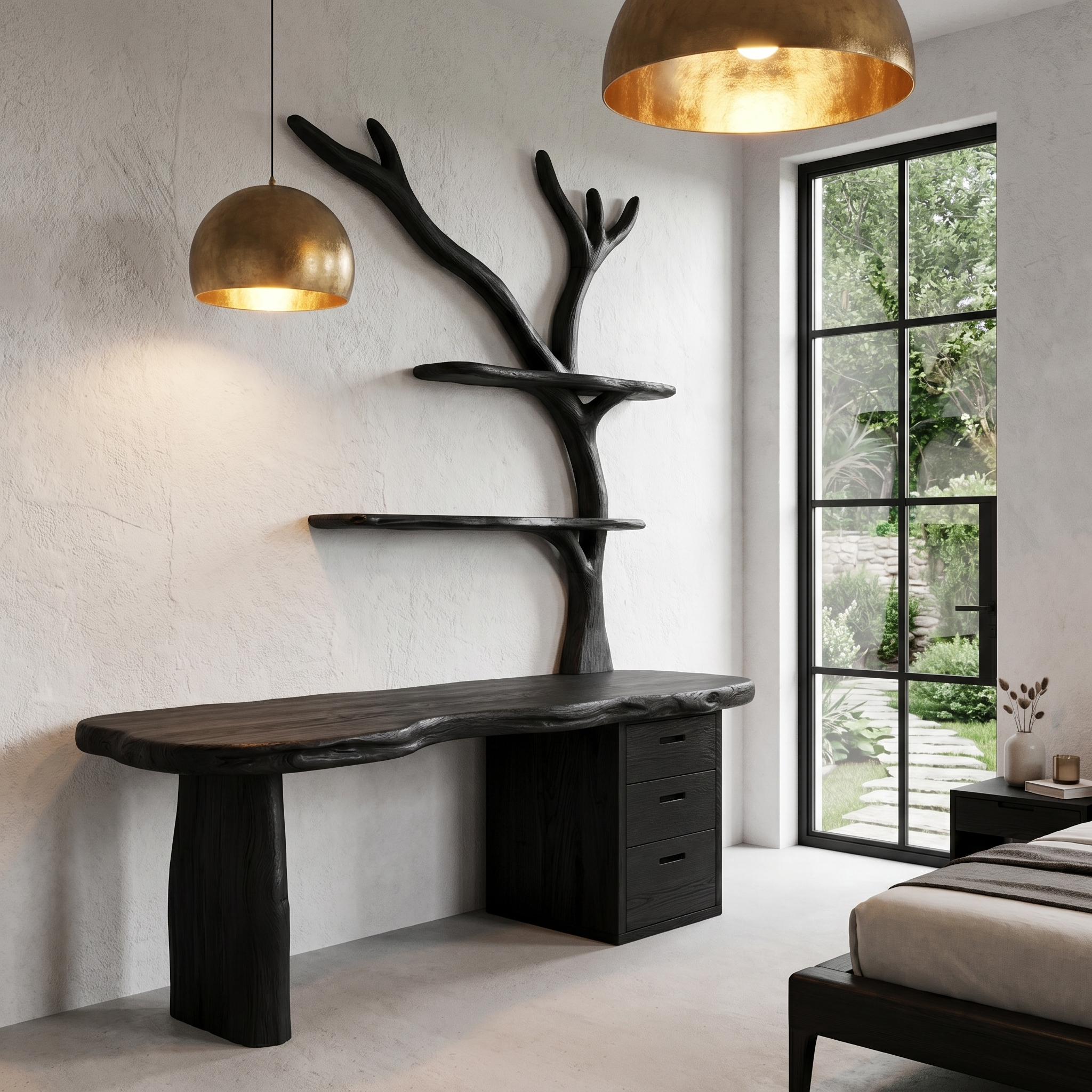 Organic Wooden Desk With Tree Branch Bookshelf And Built In Drawer Storage For Home Office And Workspace SINLHADK115