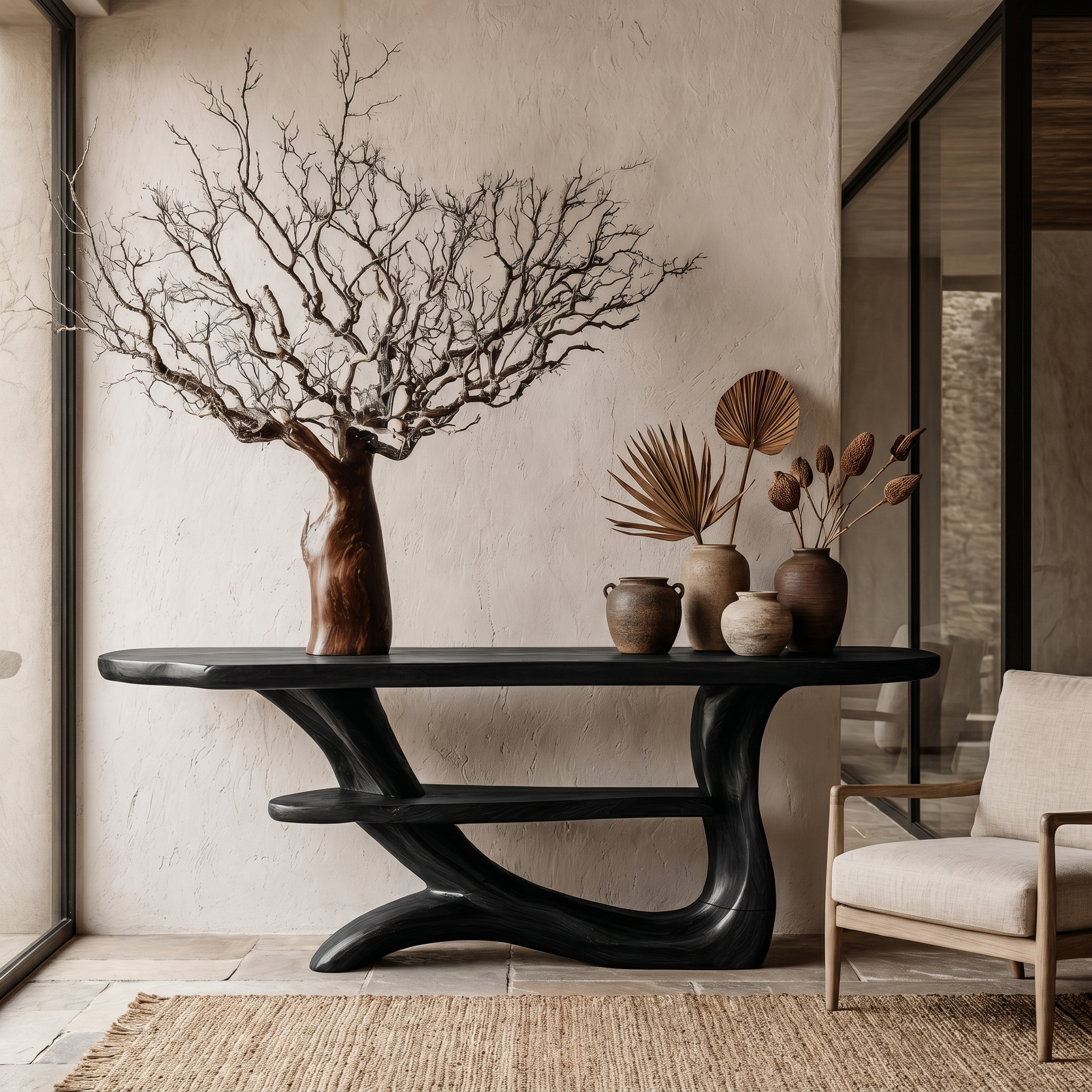 Rustic Console Table With Tree Inspired Solid Wood Base And Display Shelf SINLHACS621