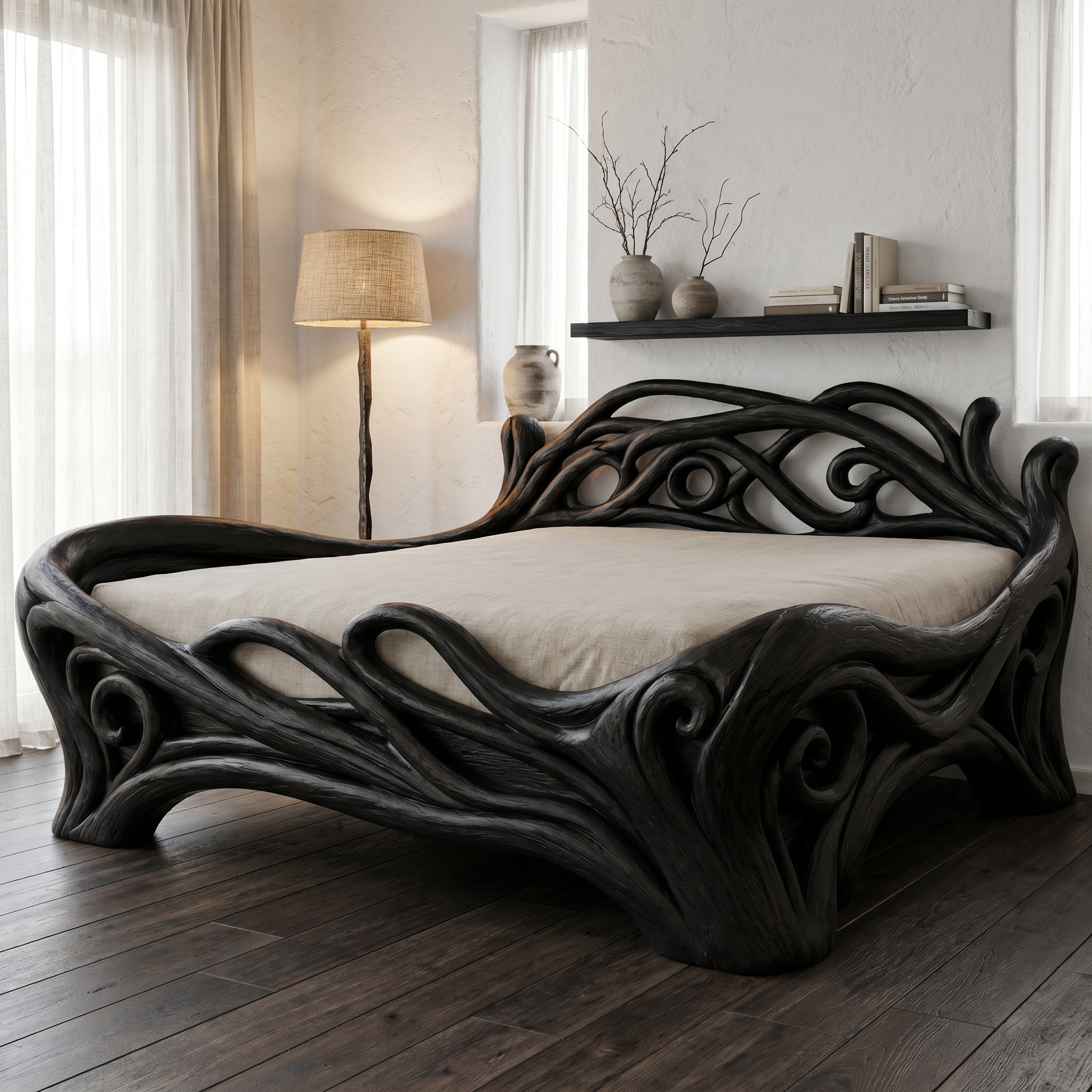 Organic Sculptural Bed Frame With Flowing Root Inspired Wood Design For Bedroom SINLHAWB121