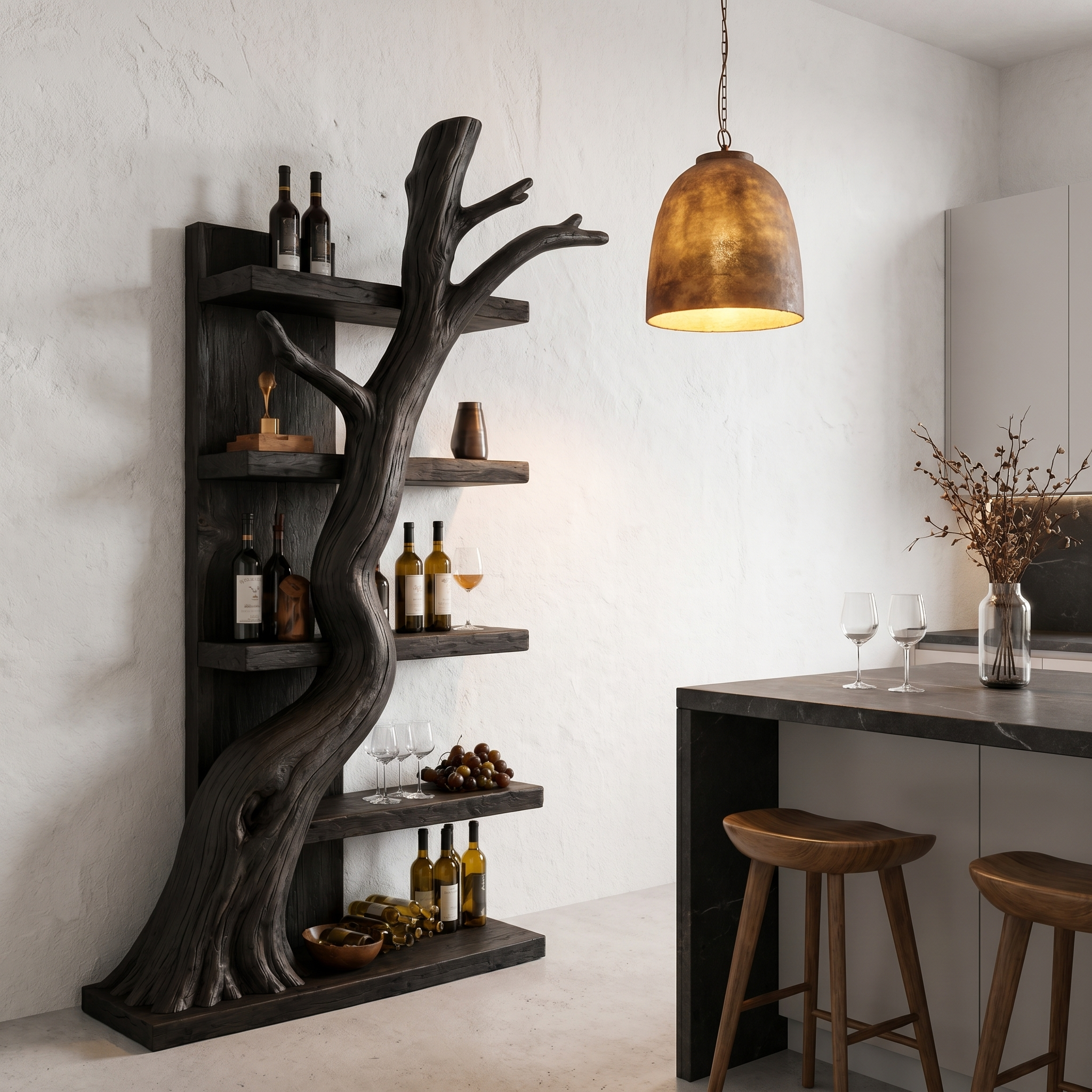 Rustic Tree Wine Rack With Solid Wood Shelves And Sculptural Root Base For Home Bar SINLHAWR035