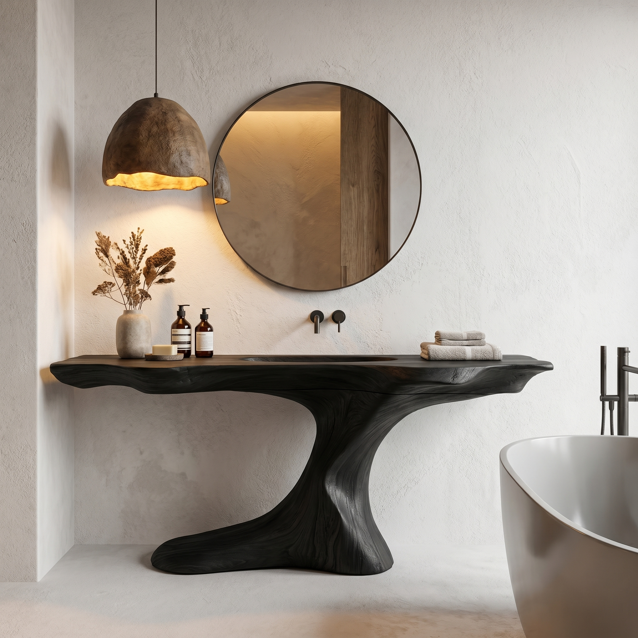 Rustic Organic Bathroom Vanity With Live Edge Countertop And Sculptural Tree Root Base SINLHABRV311