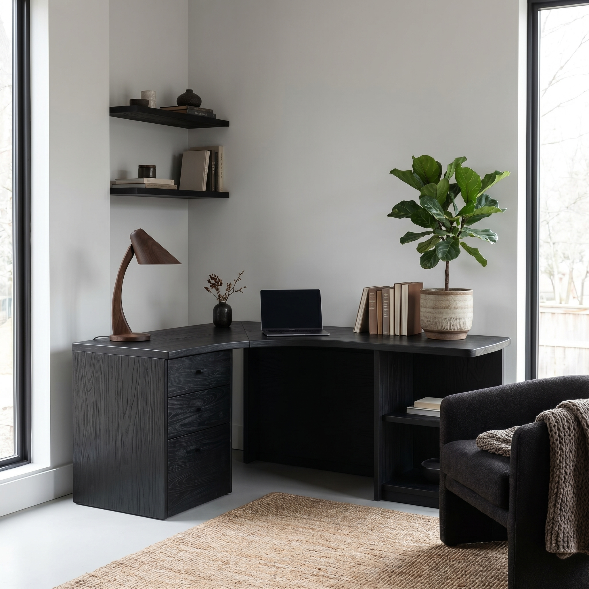 Modern Corner Desk With Built In Drawer Storage And Open Shelves For Home Office And Workspace SINLHADK123