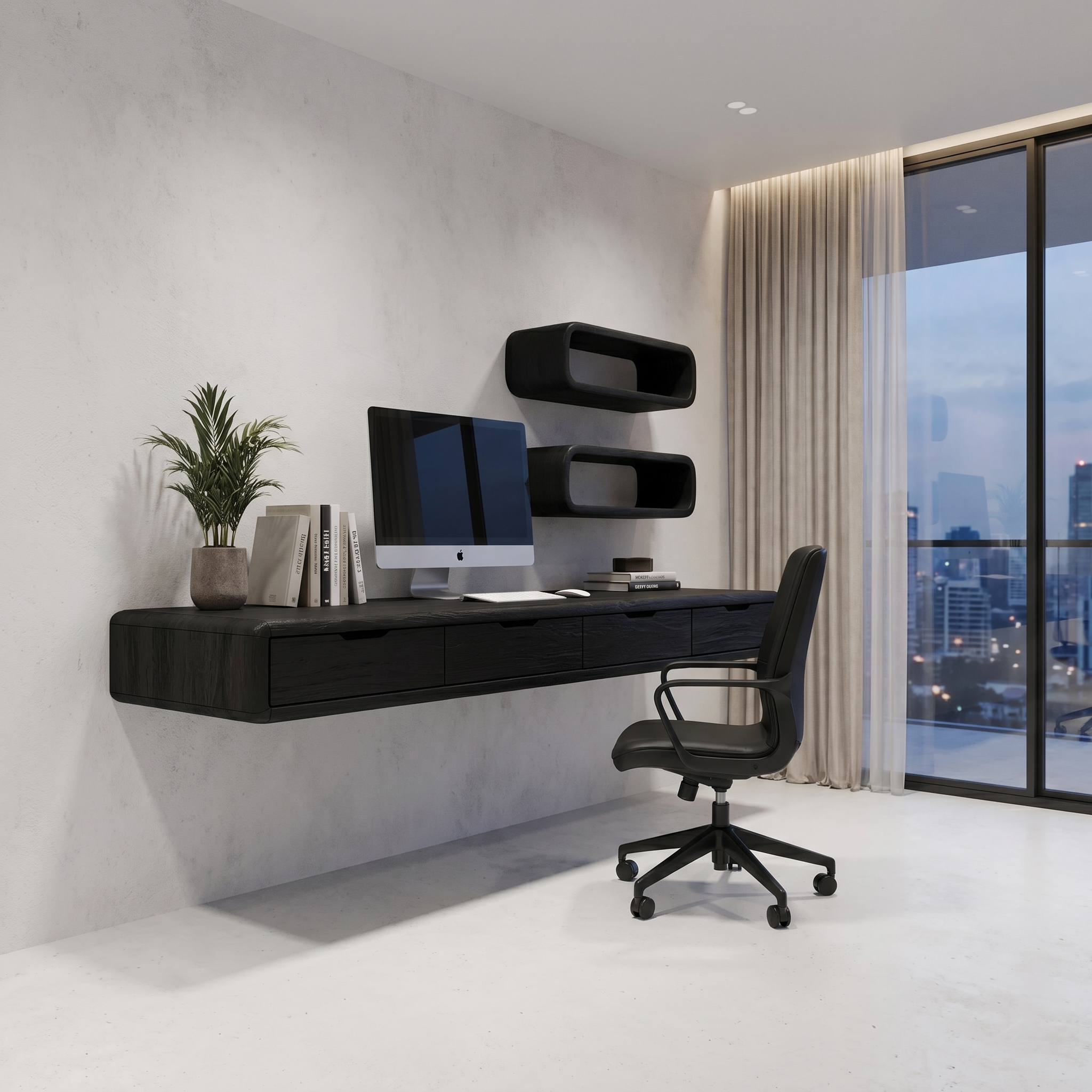 Modern Floating Desk With Built In Drawer Storage And Wall Mounted Shelves For Home Office And Workspace SINLHADK124