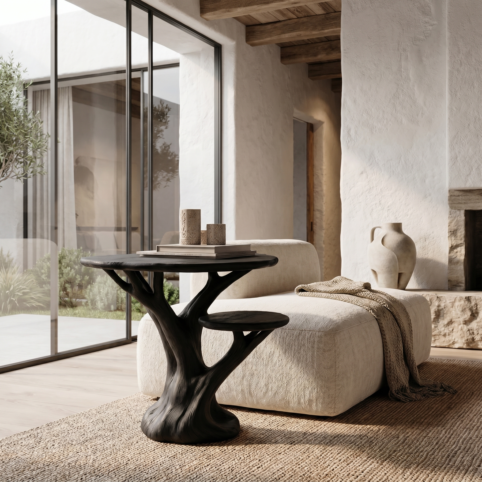Organic Sculptural Side Table With Tree Inspired Solid Wood Base For Living Room And Bedroom SINLHABT247