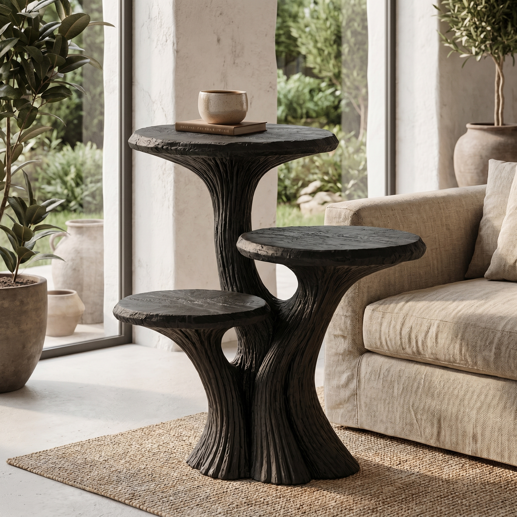 Contemporary Tiered Side Table With Sculptural Solid Wood Design For Living Room And Bedroom SINLHABT249