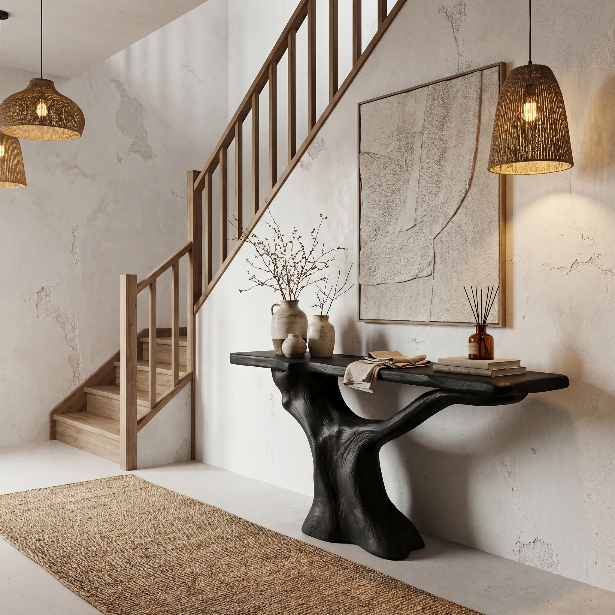 Rustic Console Table With Sculptural Wooden Base For Entryway SINLHACS575