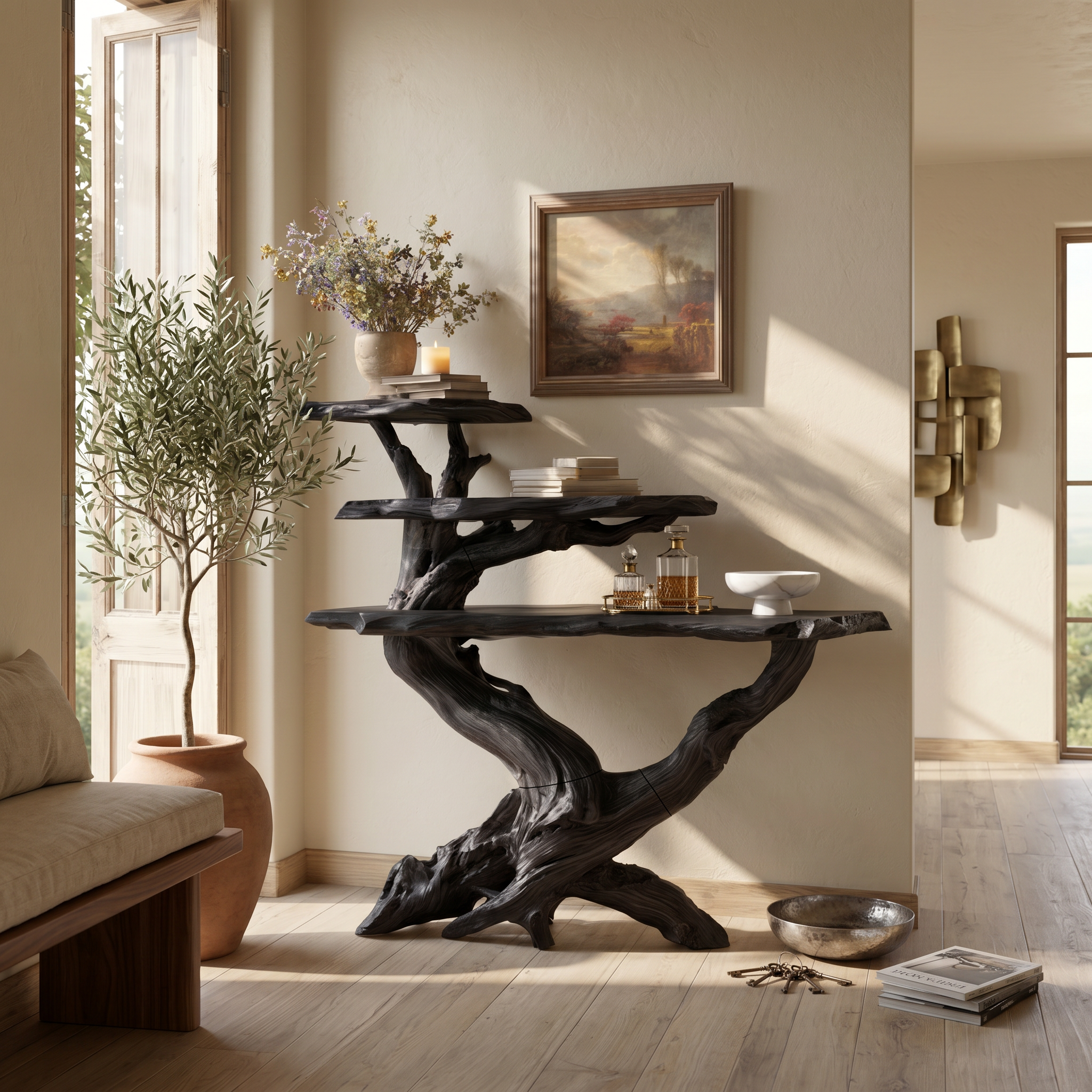 Cabin Black Driftwood Console Shelf For Stone Fireplace Room SILDTTRCS063