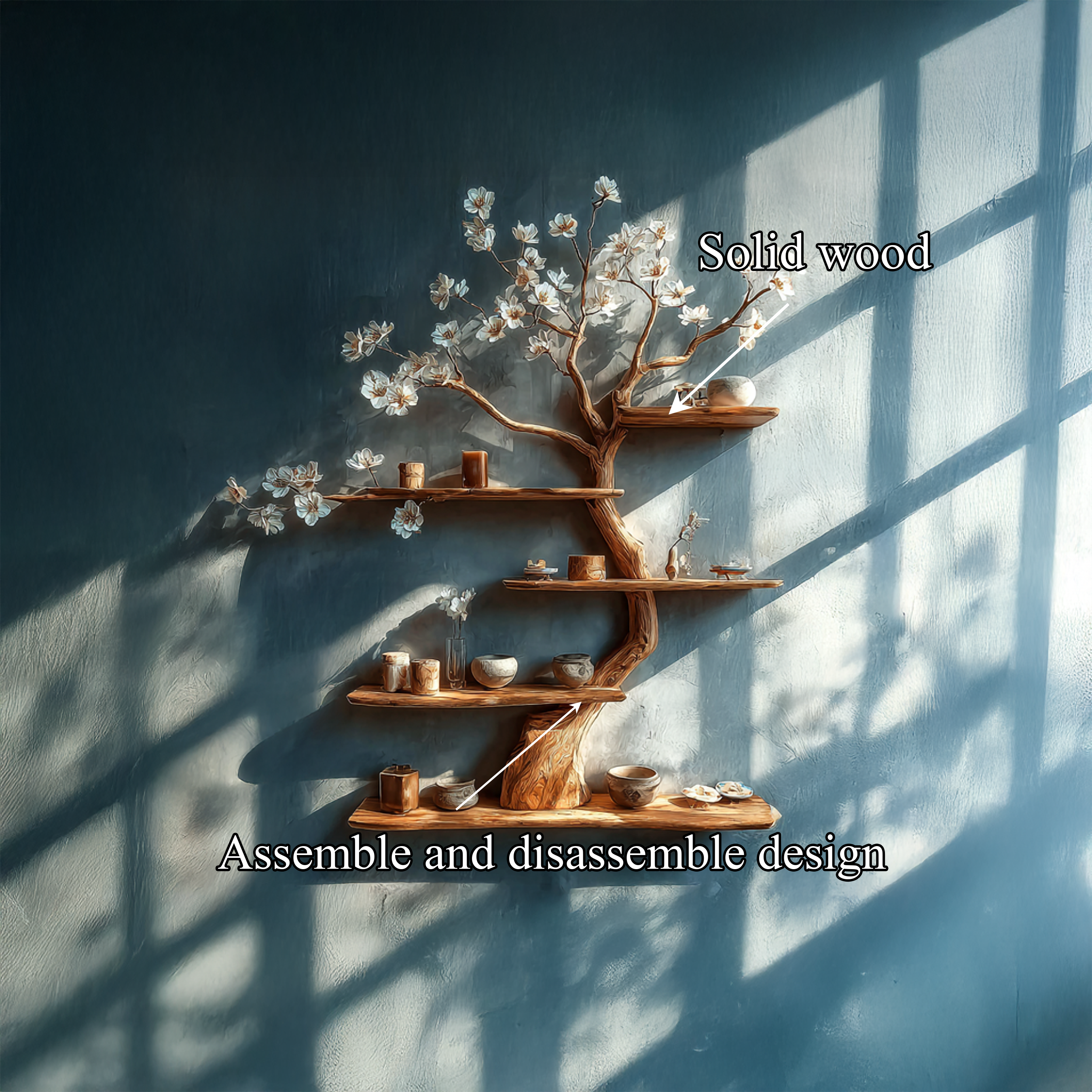 Rustic Wooden Tree Shelf Solid Wood Wall Accent Home Decor SINLSATBS077