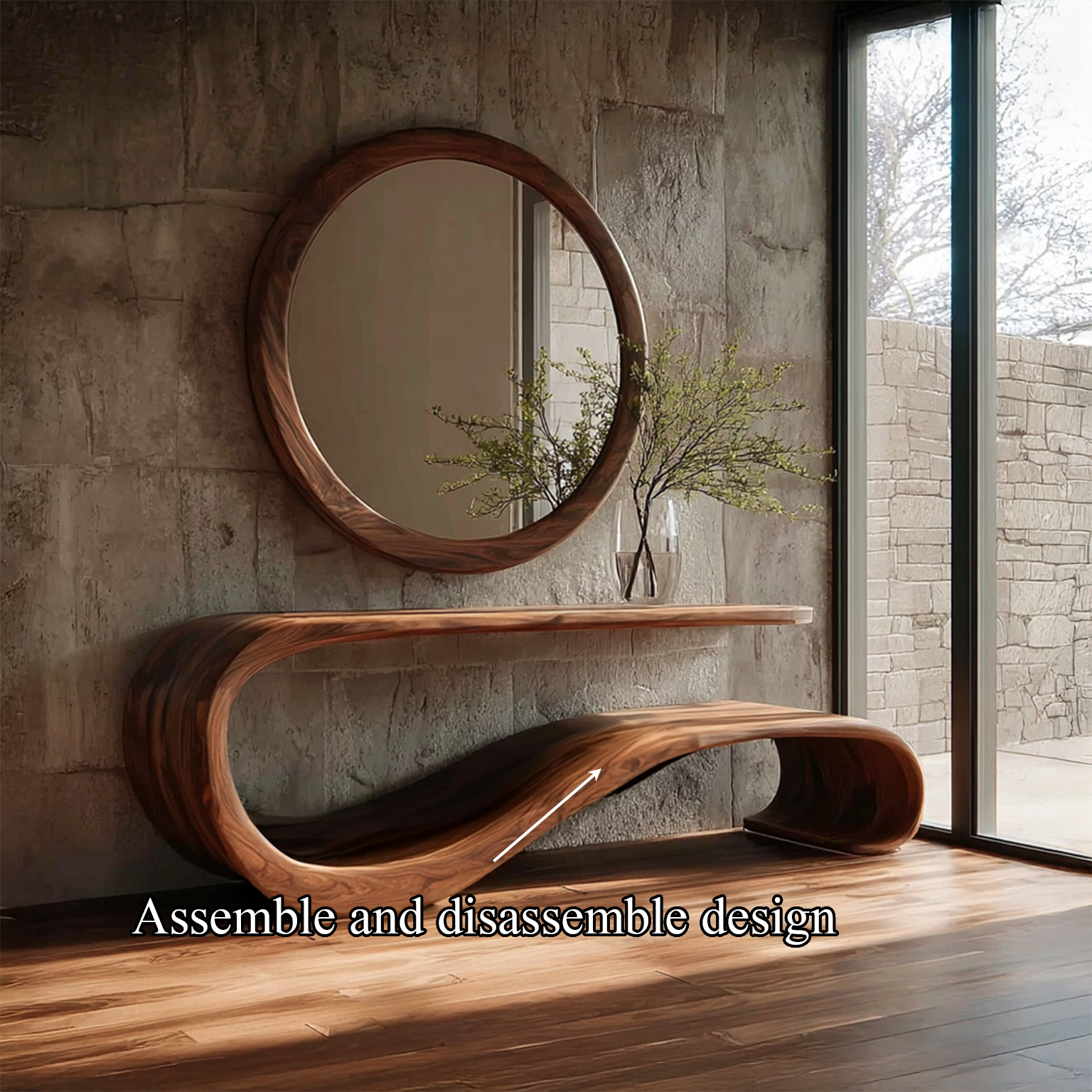 Console Table and Round Mirror Set Solid Wood Vintage Gift SINLSACS094