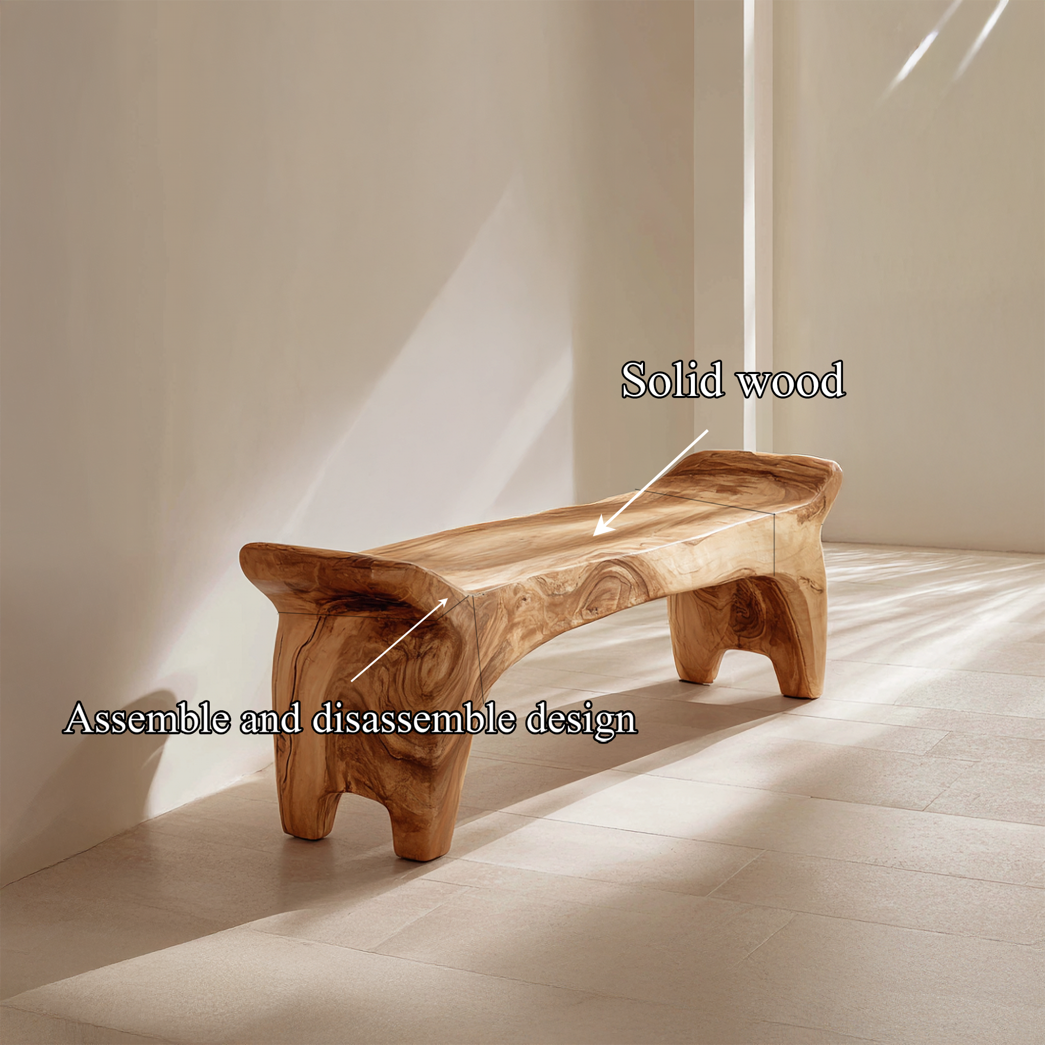 Rustic Sculptural Solid Form Bench For Entryway And Living Room SINLSARS076