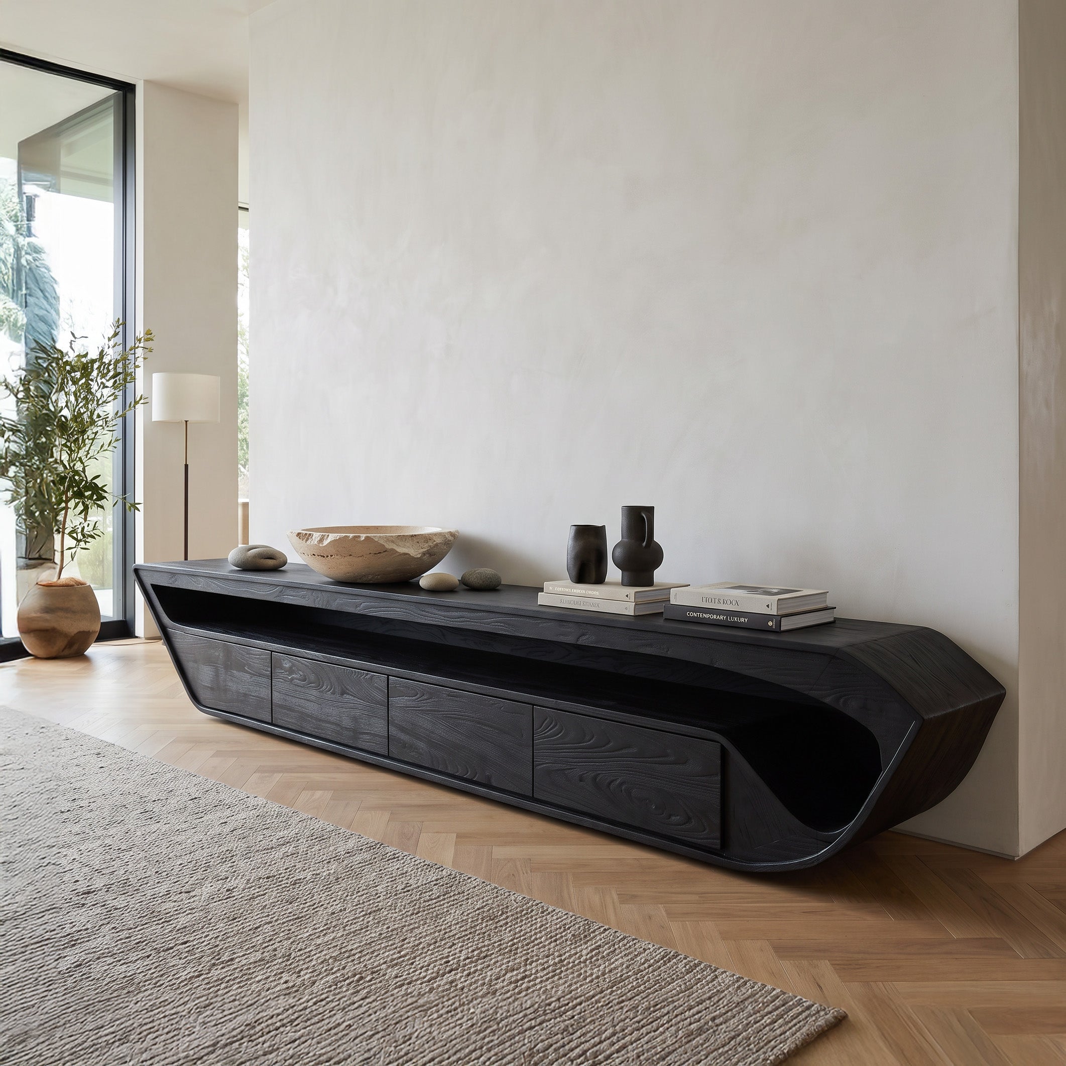 Modern Sculptural TV Console With Drawer For Living Room SITHHNTVC028