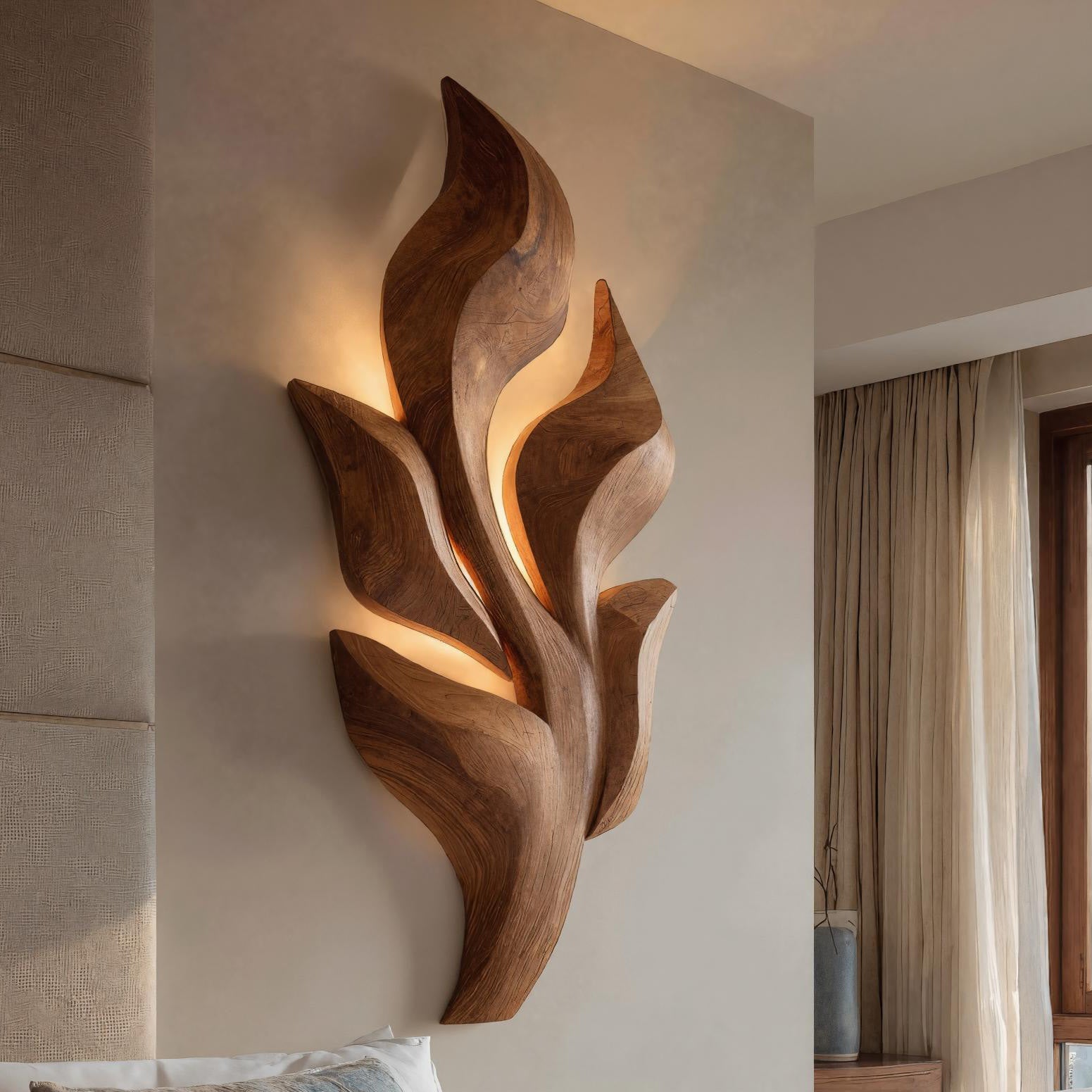 Sculptural Wooden Leaf Wall Lamp With Warm Light For Home RTTHHNWA165