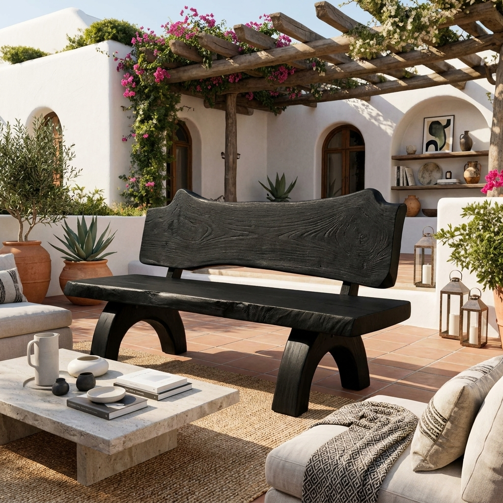 Rustic Live Edge Bench With Backrest For Patio Garden Courtyard SITHTTCHR011