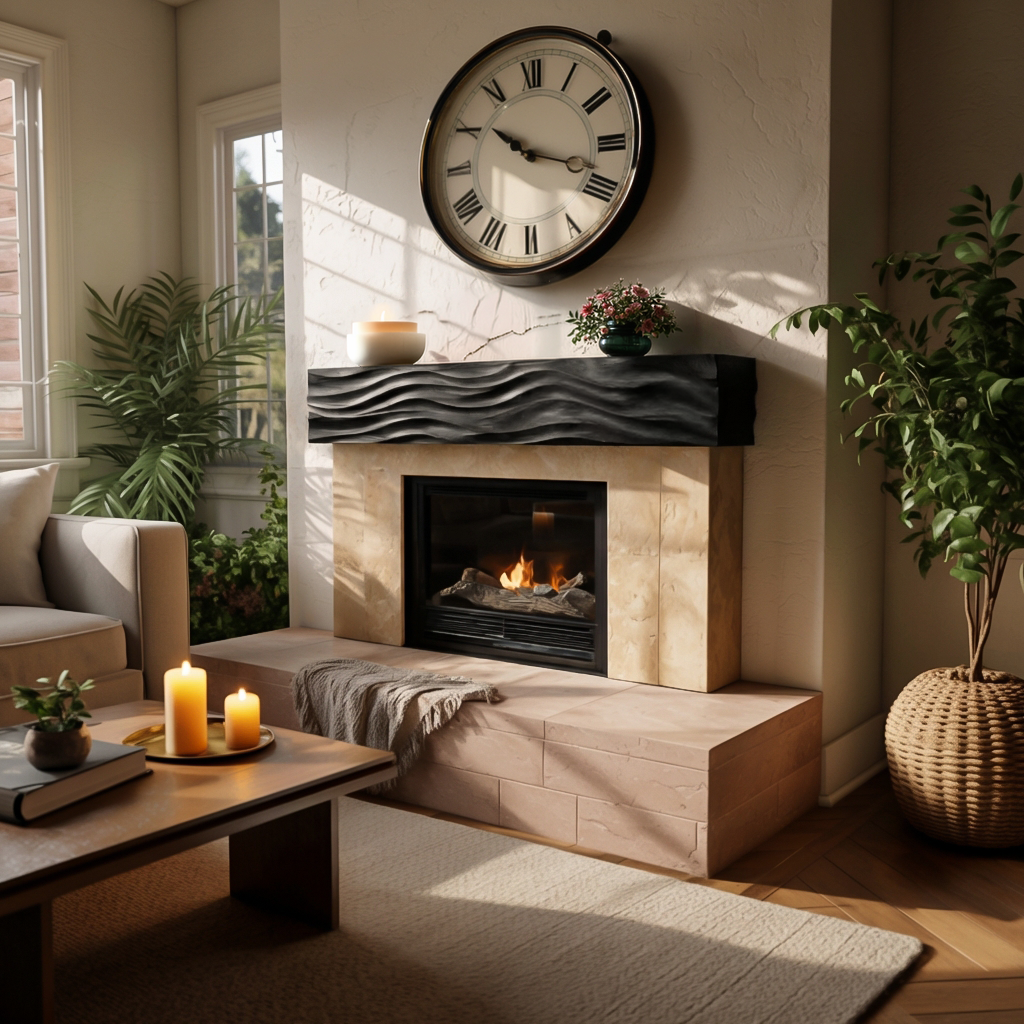 Rustic Wooden Fireplace Shelf With Wave Carved For Living Room RTTHTTFS015